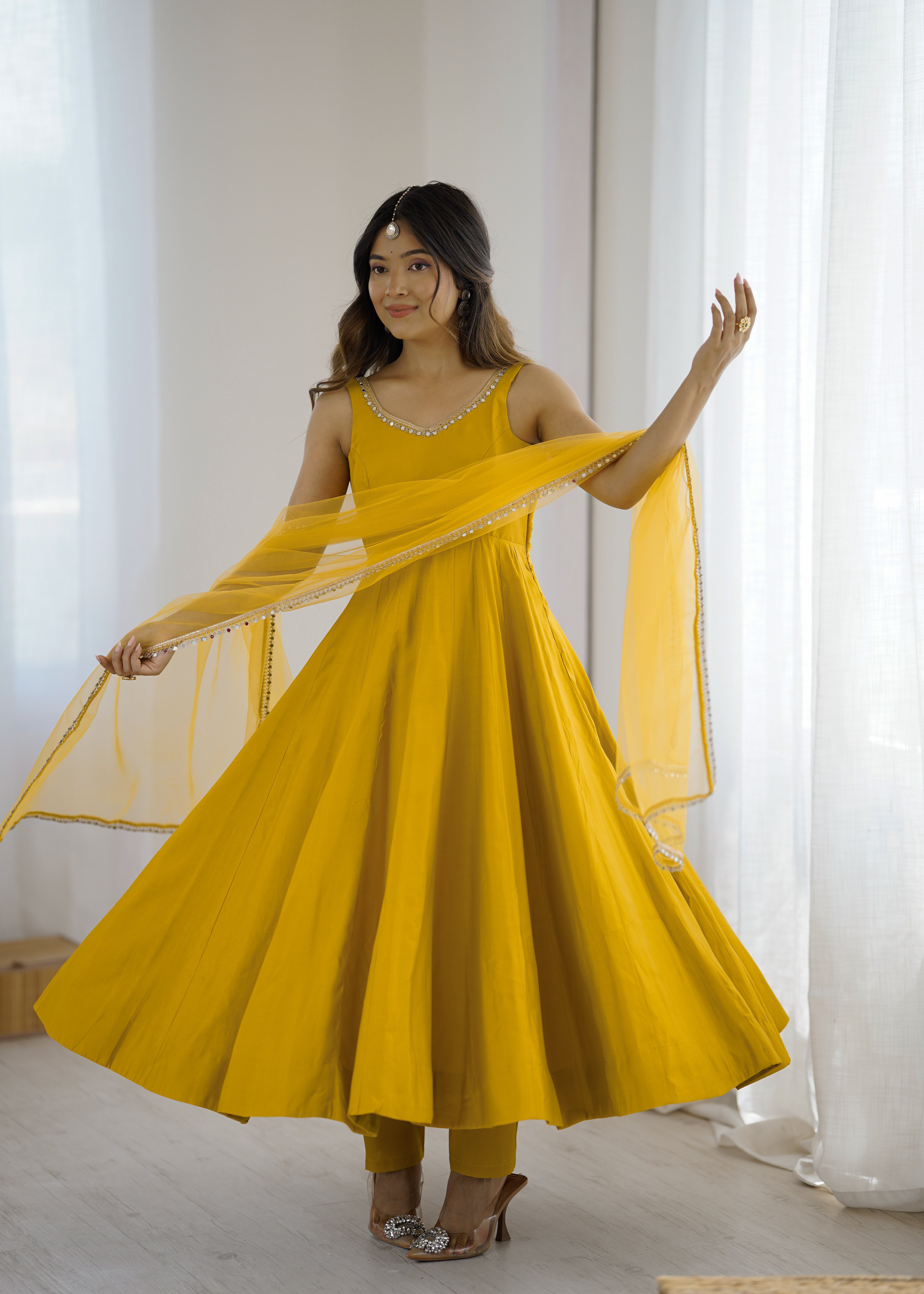 Women's Roman Silk Chanderi Anarkali Pant Dupatta Set with Mirror Lace Dupatta