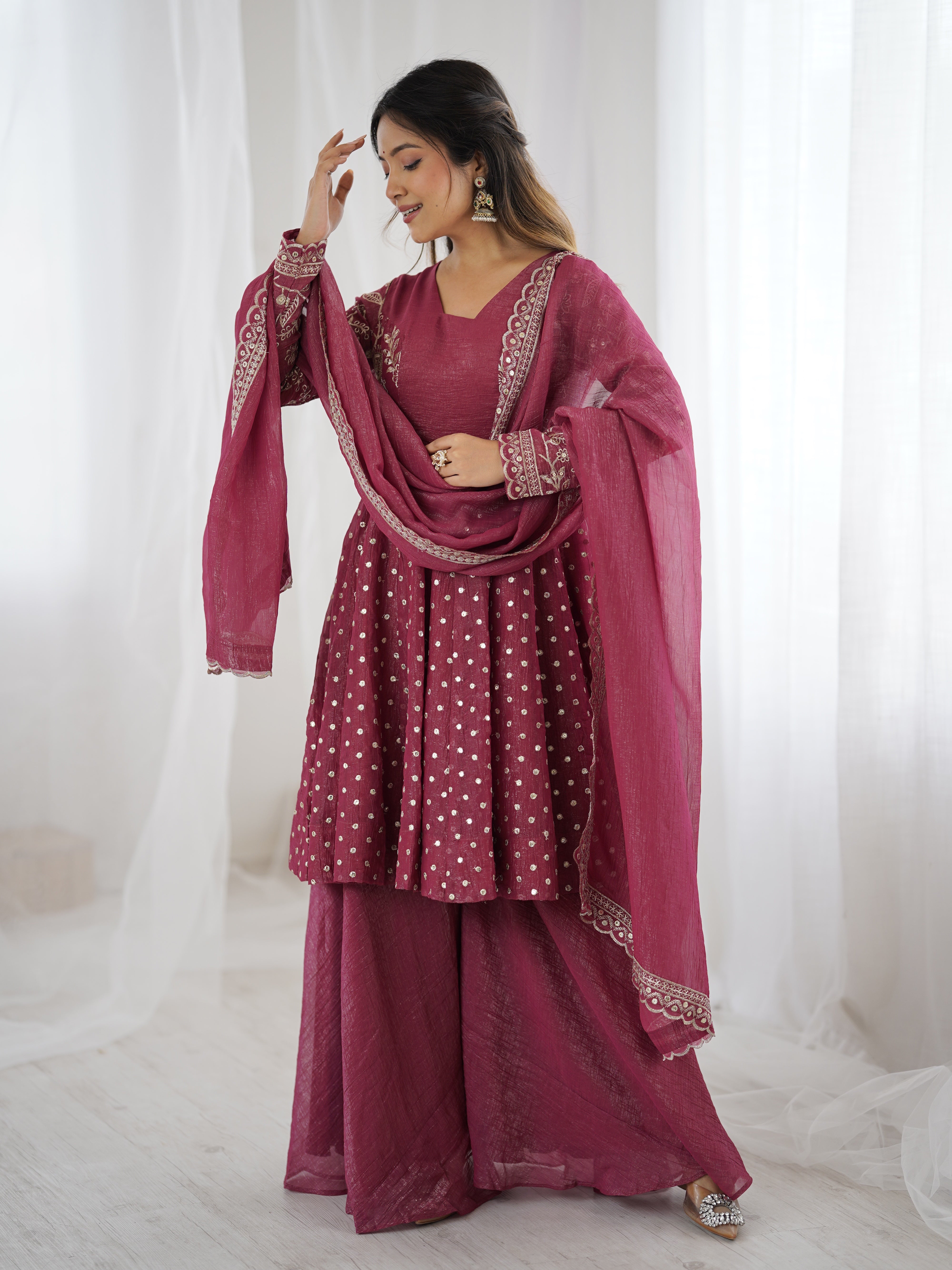 Women's Crunchy Silk Embroidered Sharara Palazzo Suit Set with Dupatta