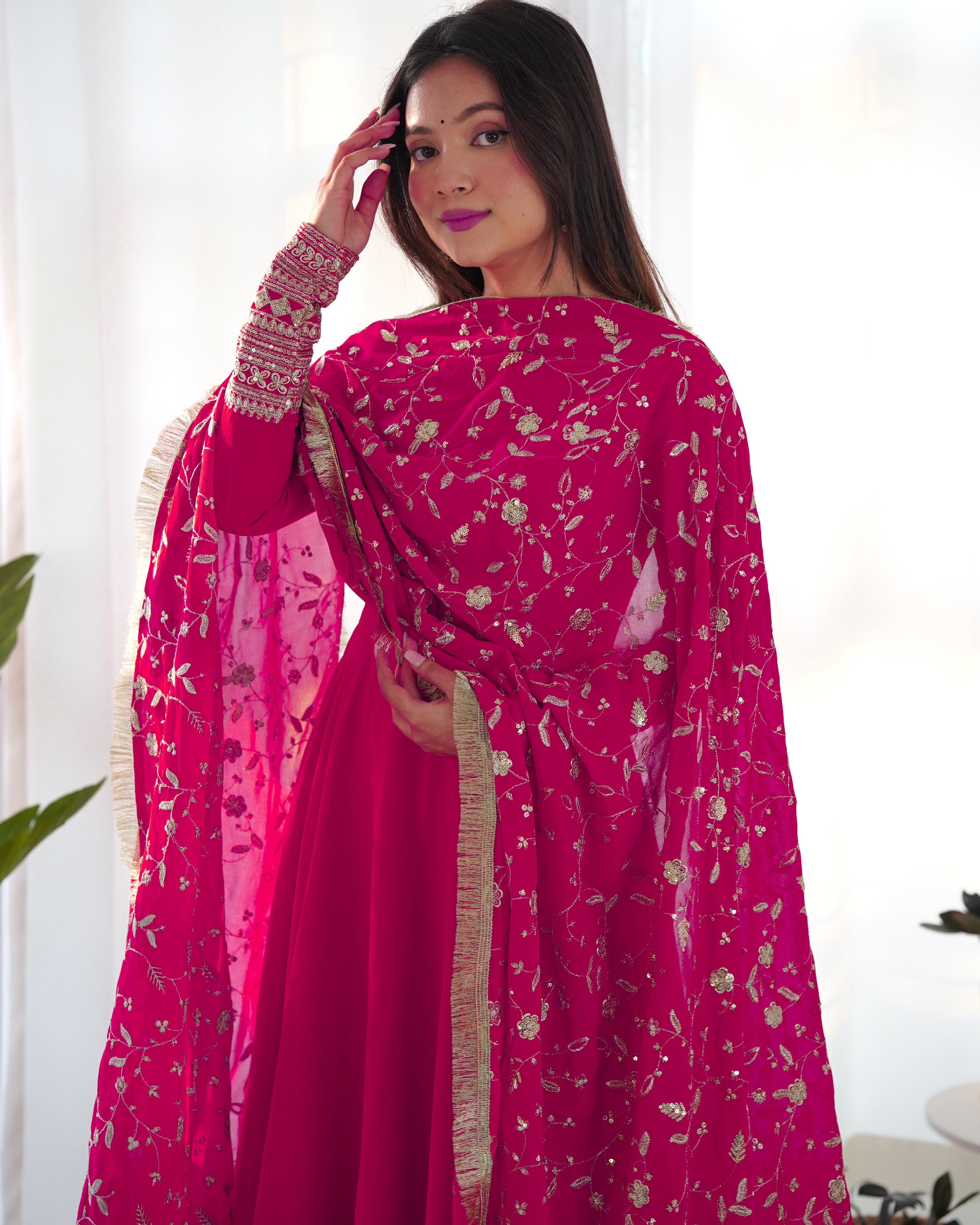 Women's Soft Fox Georgette Anarkali Gown Pant Dupatta Set with Sequence and Zari Work