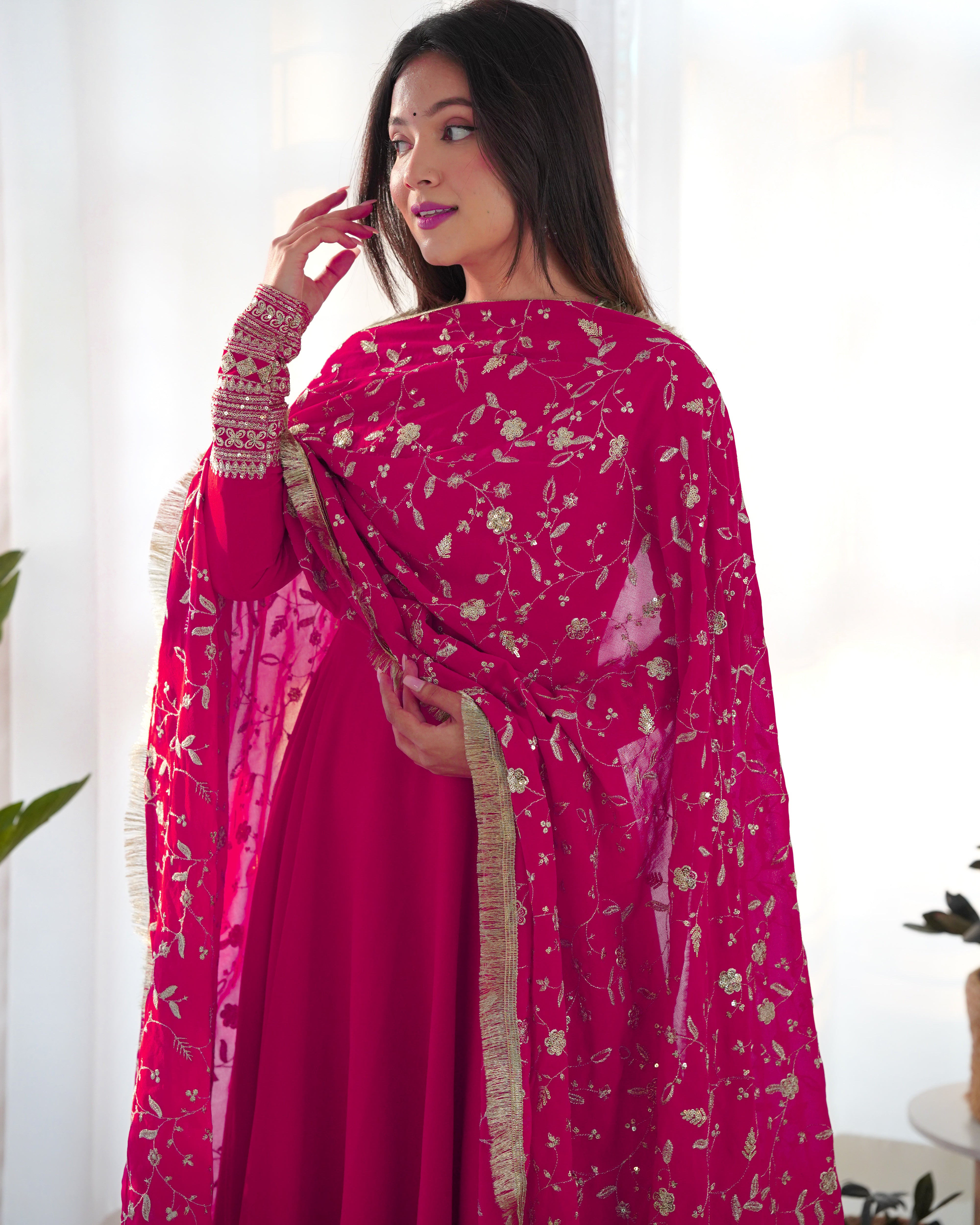 Women's Soft Fox Georgette Anarkali Gown Pant Dupatta Set with Sequence and Zari Work