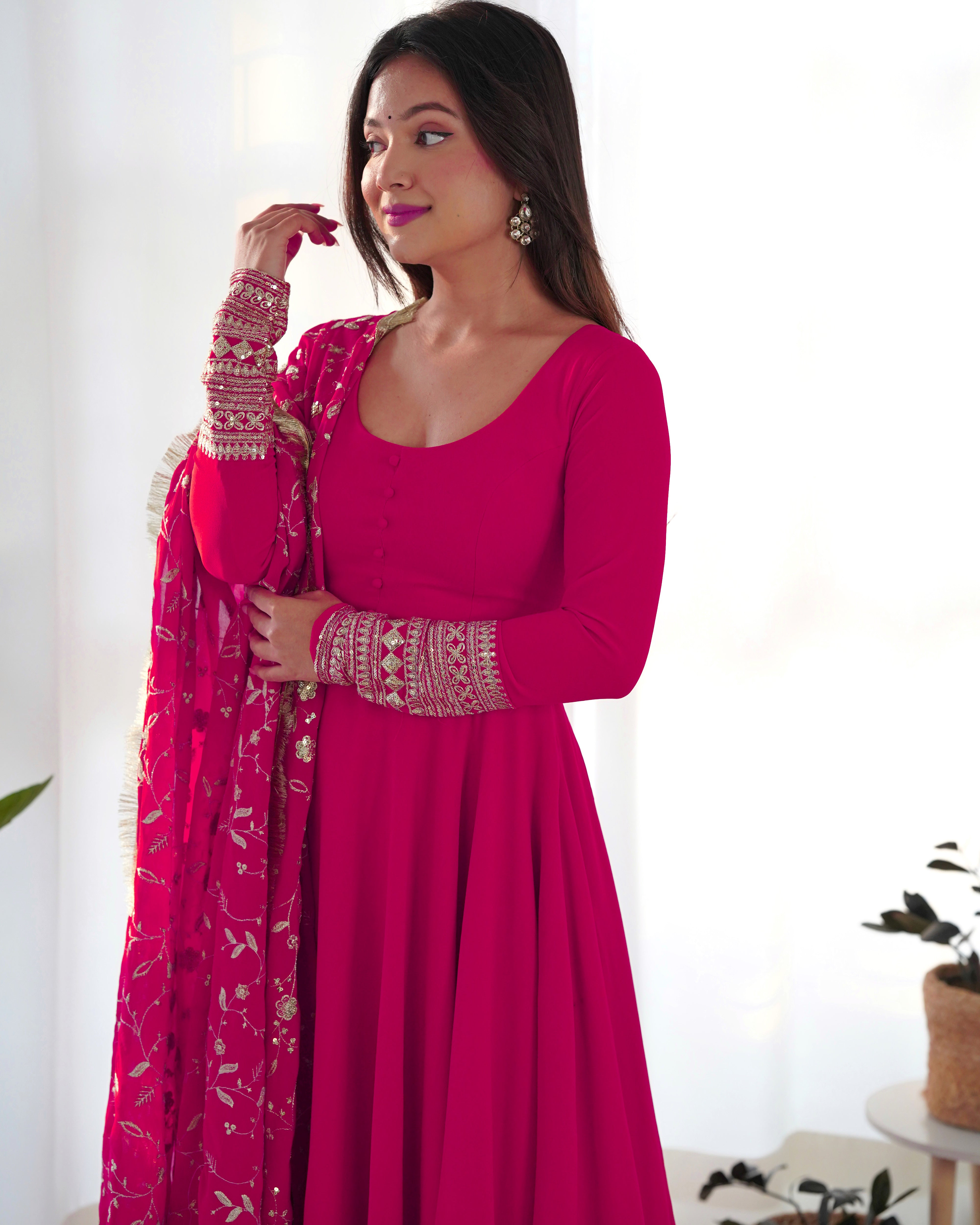 Women's Soft Fox Georgette Anarkali Gown Pant Dupatta Set with Sequence and Zari Work