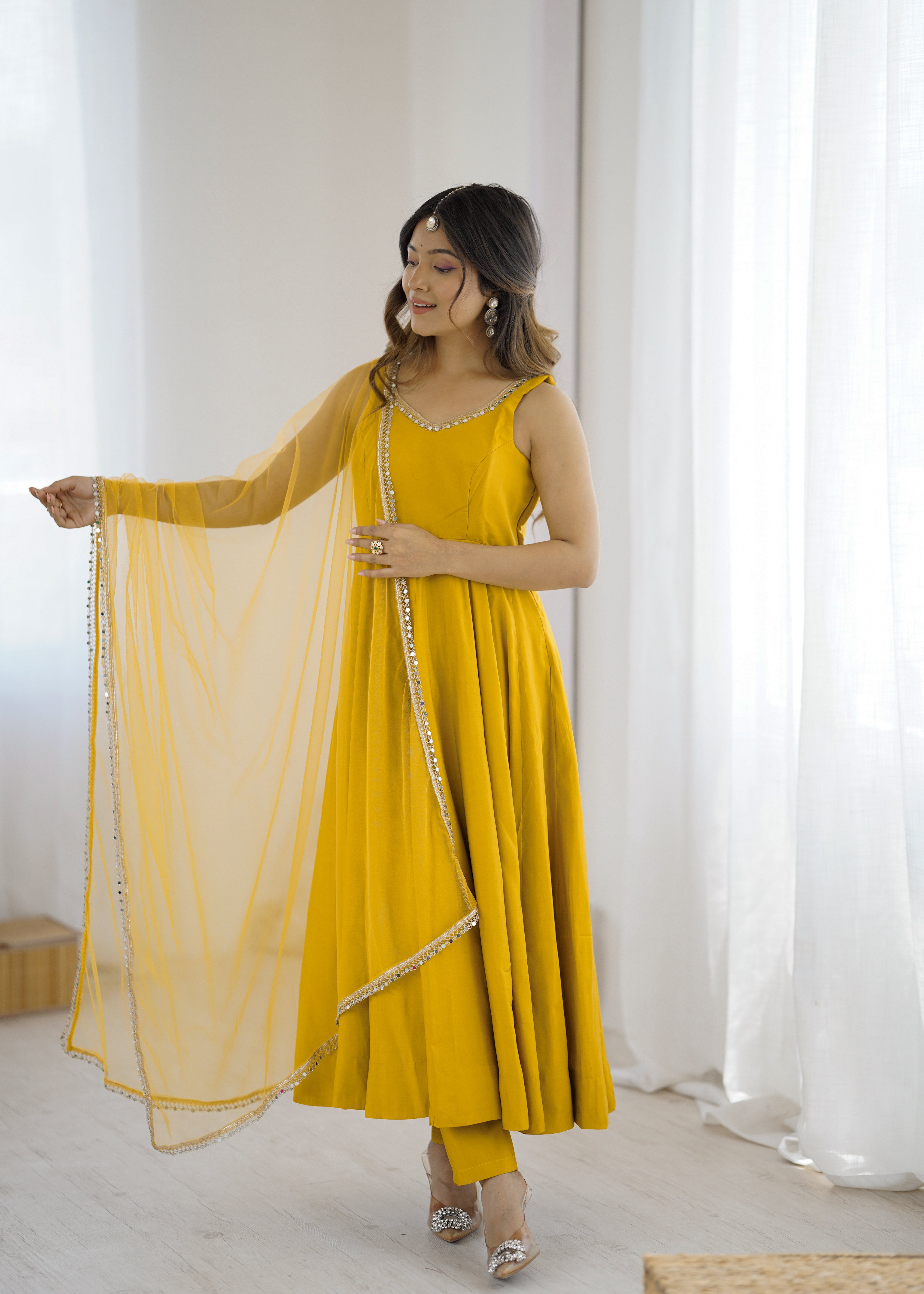 Women's Roman Silk Chanderi Anarkali Pant Dupatta Set with Mirror Lace Dupatta