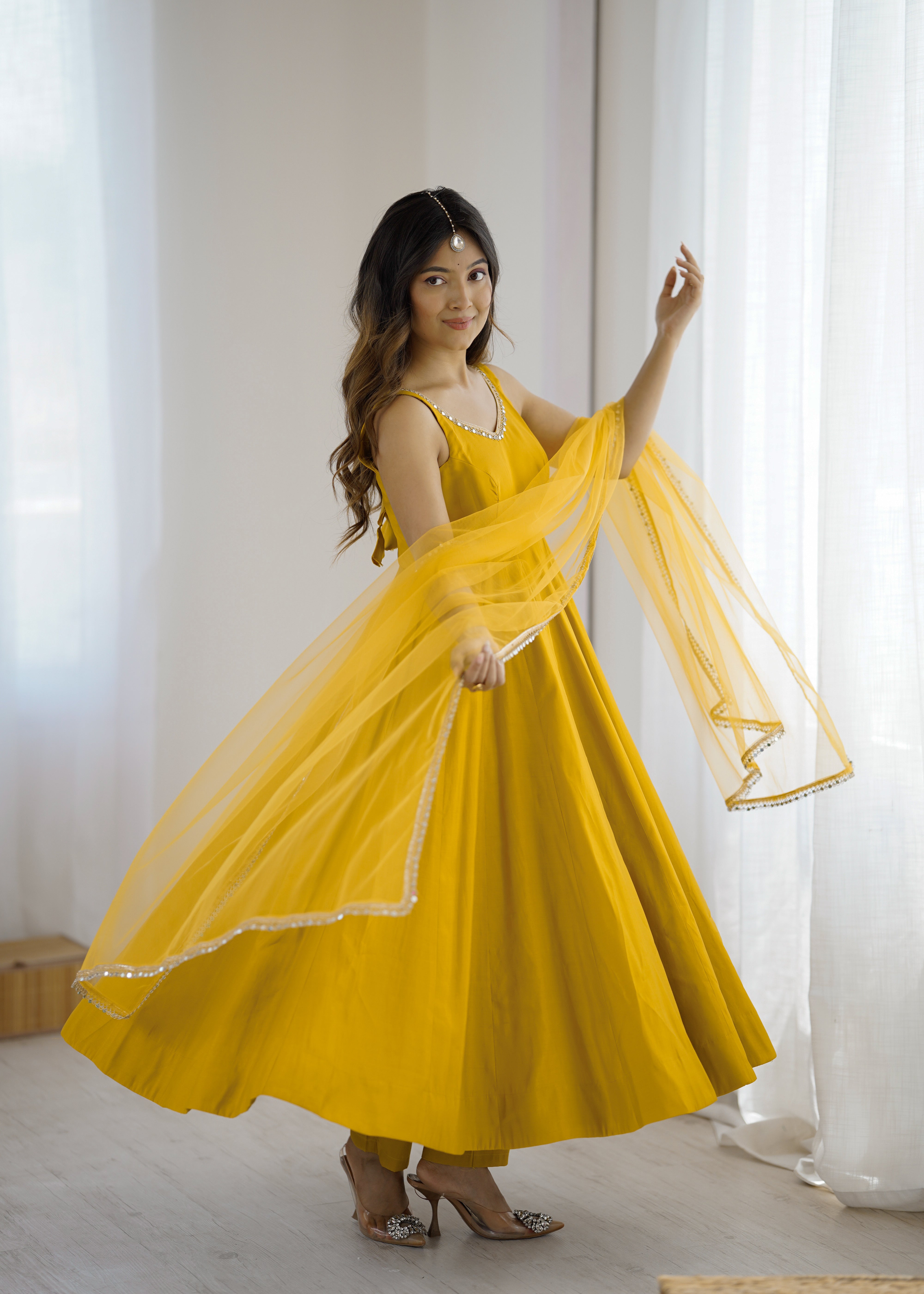 Women's Roman Silk Chanderi Anarkali Pant Dupatta Set with Mirror Lace Dupatta