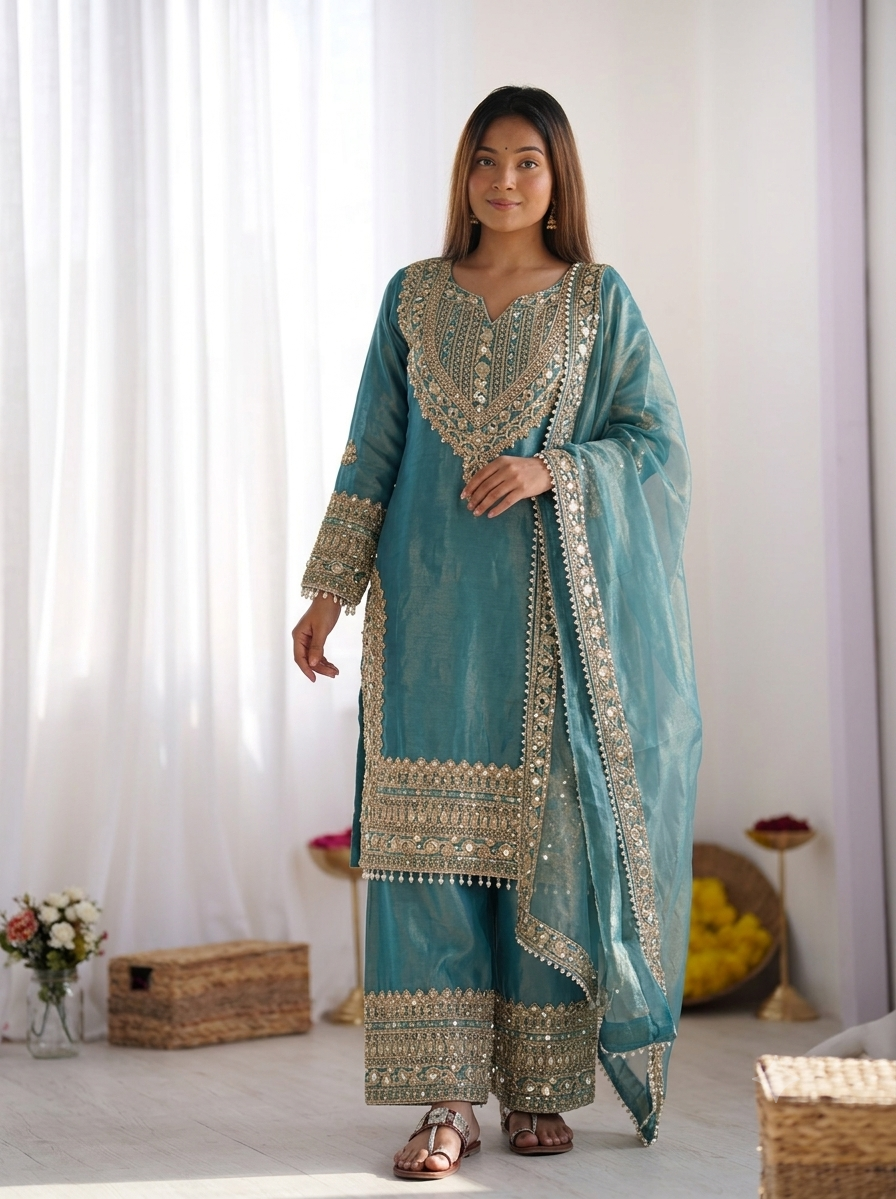 Women's Fendy Silk Embroidered Sharara Suit Set with Lace Border Dupatta