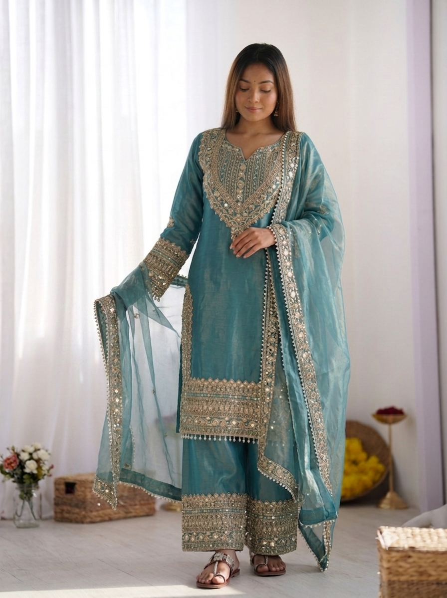 Women's Fendy Silk Embroidered Sharara Suit Set with Lace Border Dupatta