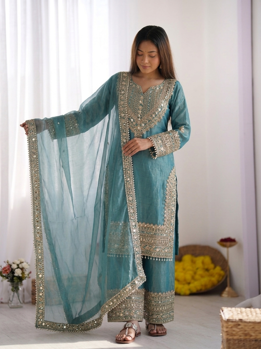Women's Fendy Silk Embroidered Sharara Suit Set with Lace Border Dupatta