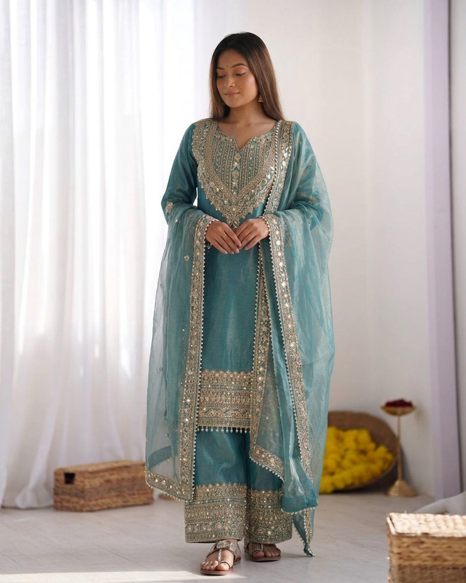 Women's Fendy Silk Embroidered Sharara Suit Set with Lace Border Dupatta