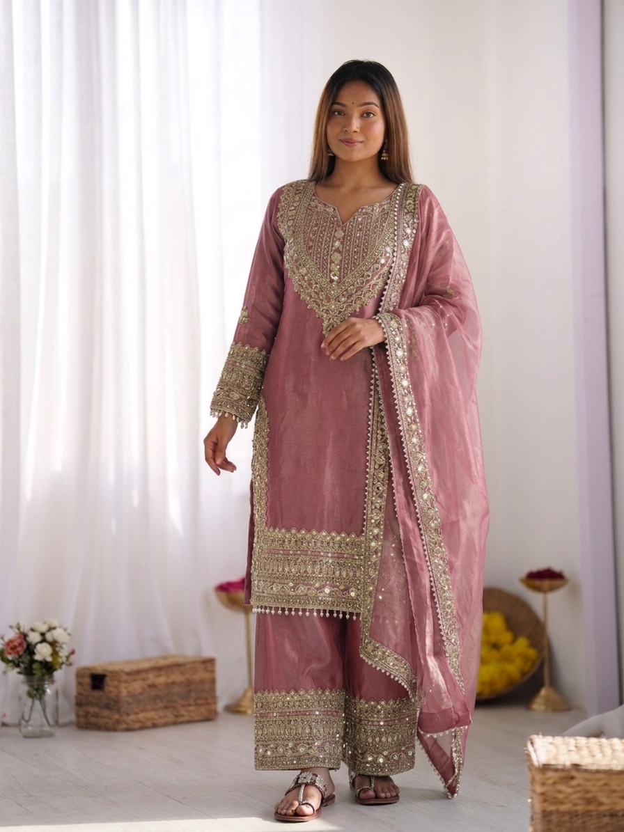 Women's Fendy Silk Embroidered Sharara Suit Set with Lace Border Dupatta