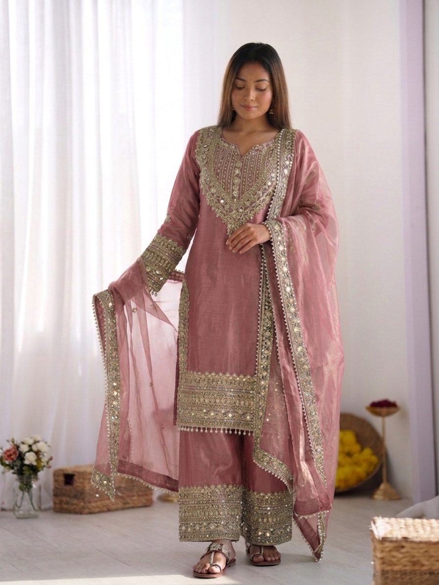 Women's Fendy Silk Embroidered Sharara Suit Set with Lace Border Dupatta