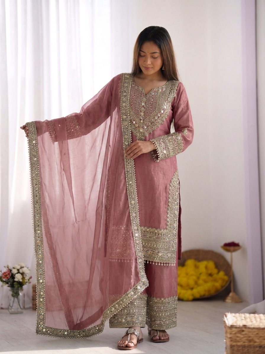 Women's Fendy Silk Embroidered Sharara Suit Set with Lace Border Dupatta