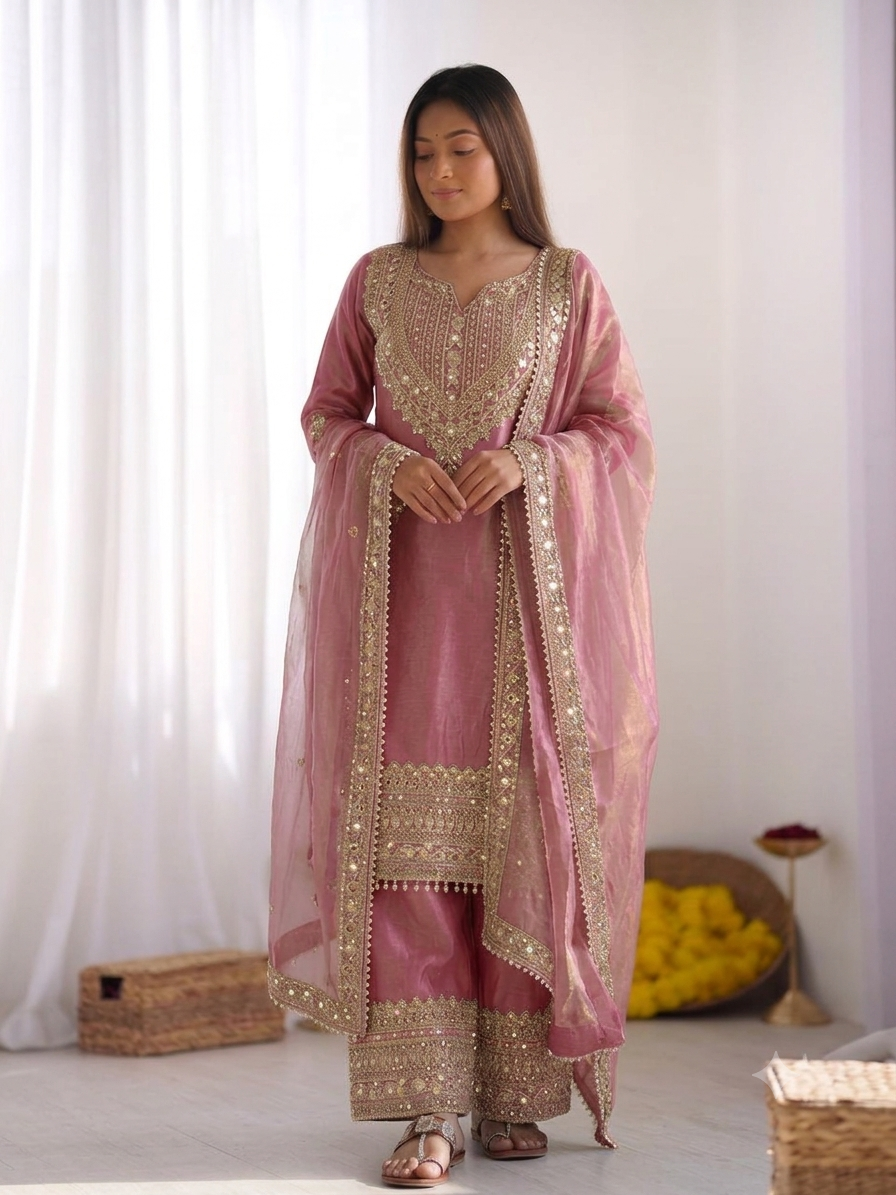 Women's Fendy Silk Embroidered Sharara Suit Set with Lace Border Dupatta