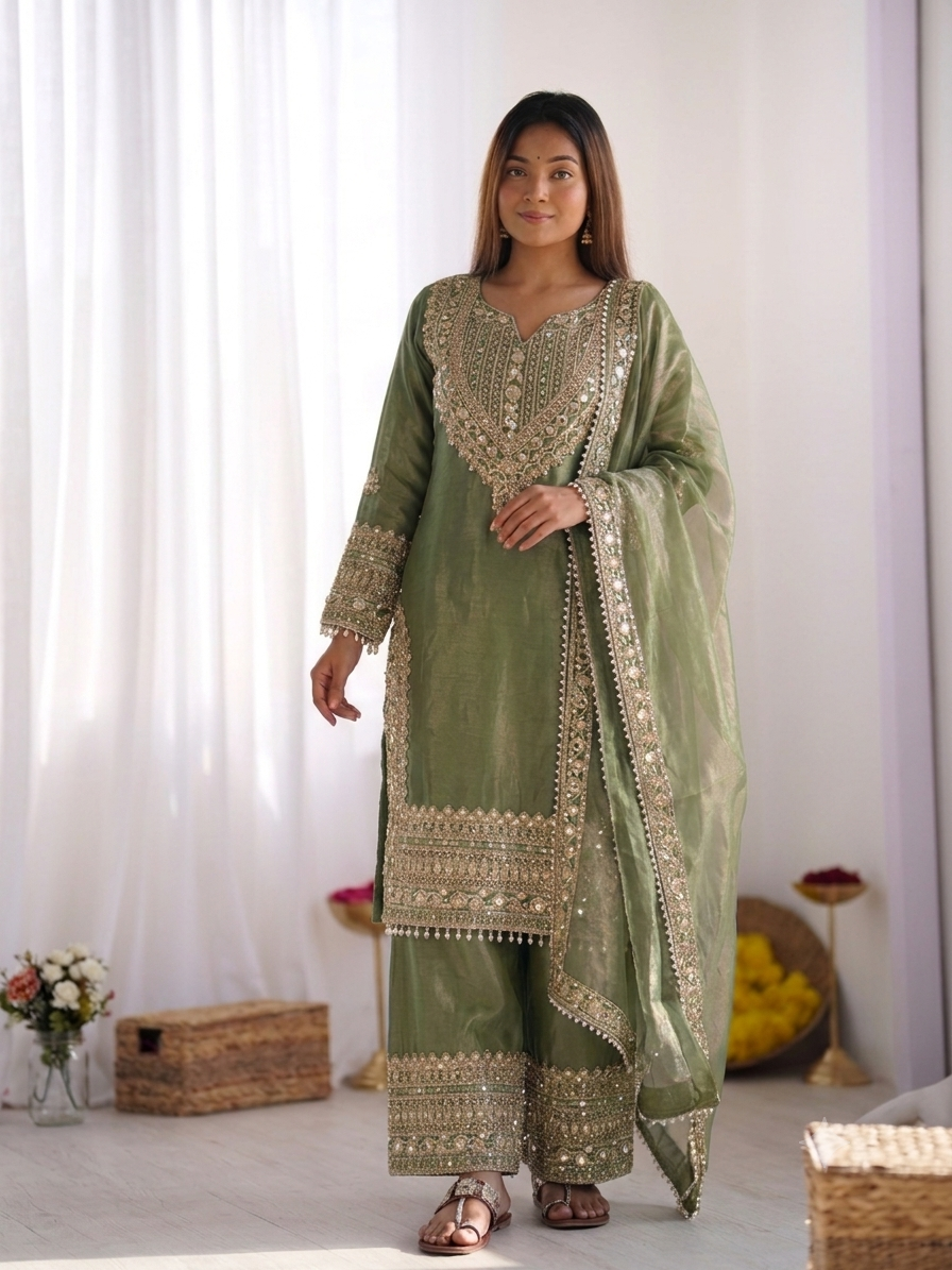 Women's Fendy Silk Embroidered Sharara Suit Set with Lace Border Dupatta