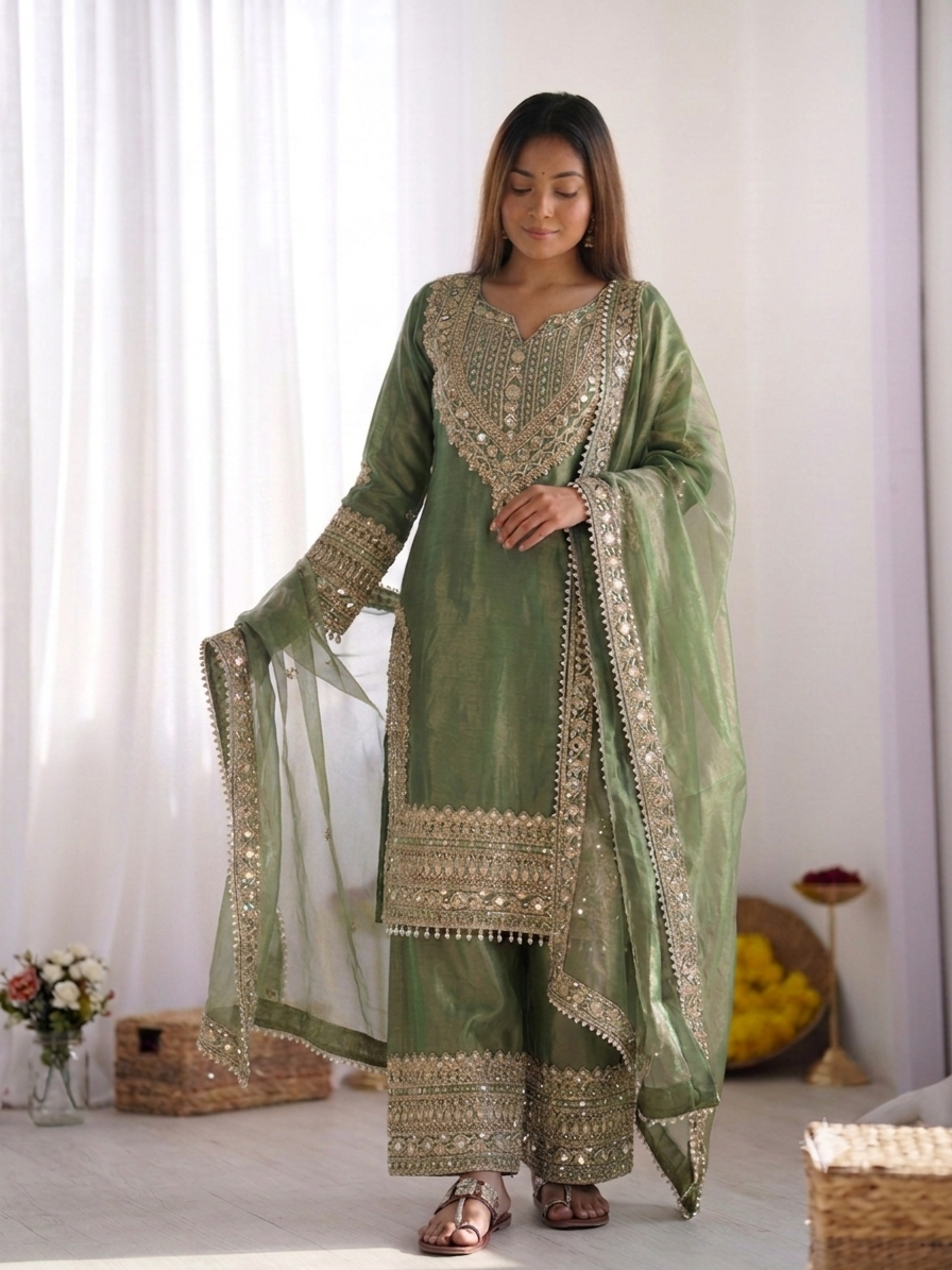 Women's Fendy Silk Embroidered Sharara Suit Set with Lace Border Dupatta