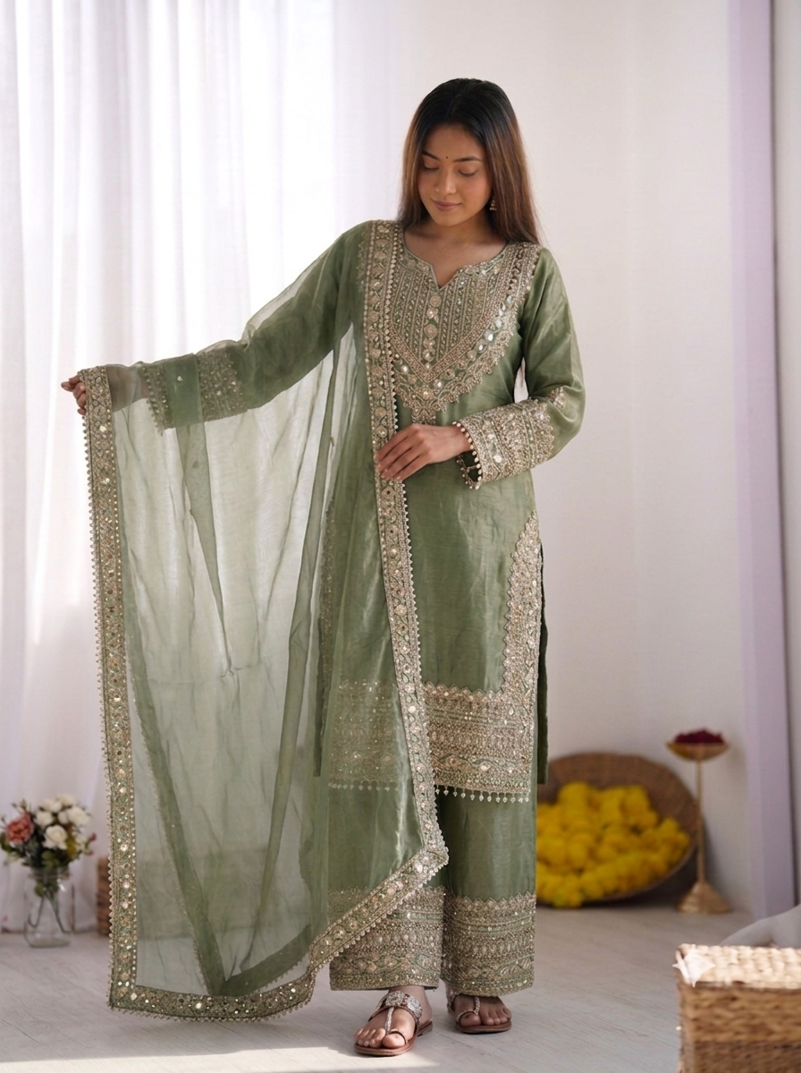 Women's Fendy Silk Embroidered Sharara Suit Set with Lace Border Dupatta