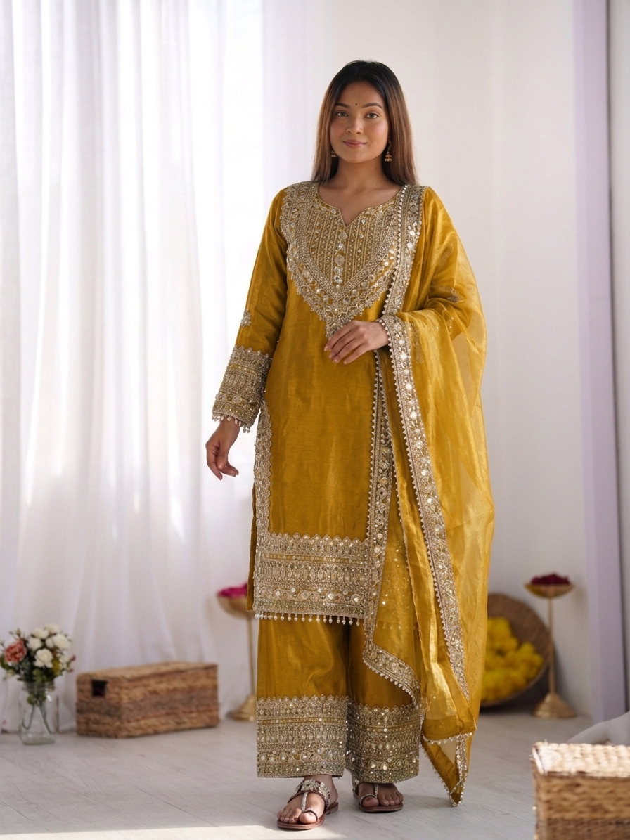 Women's Fendy Silk Embroidered Sharara Suit Set with Lace Border Dupatta