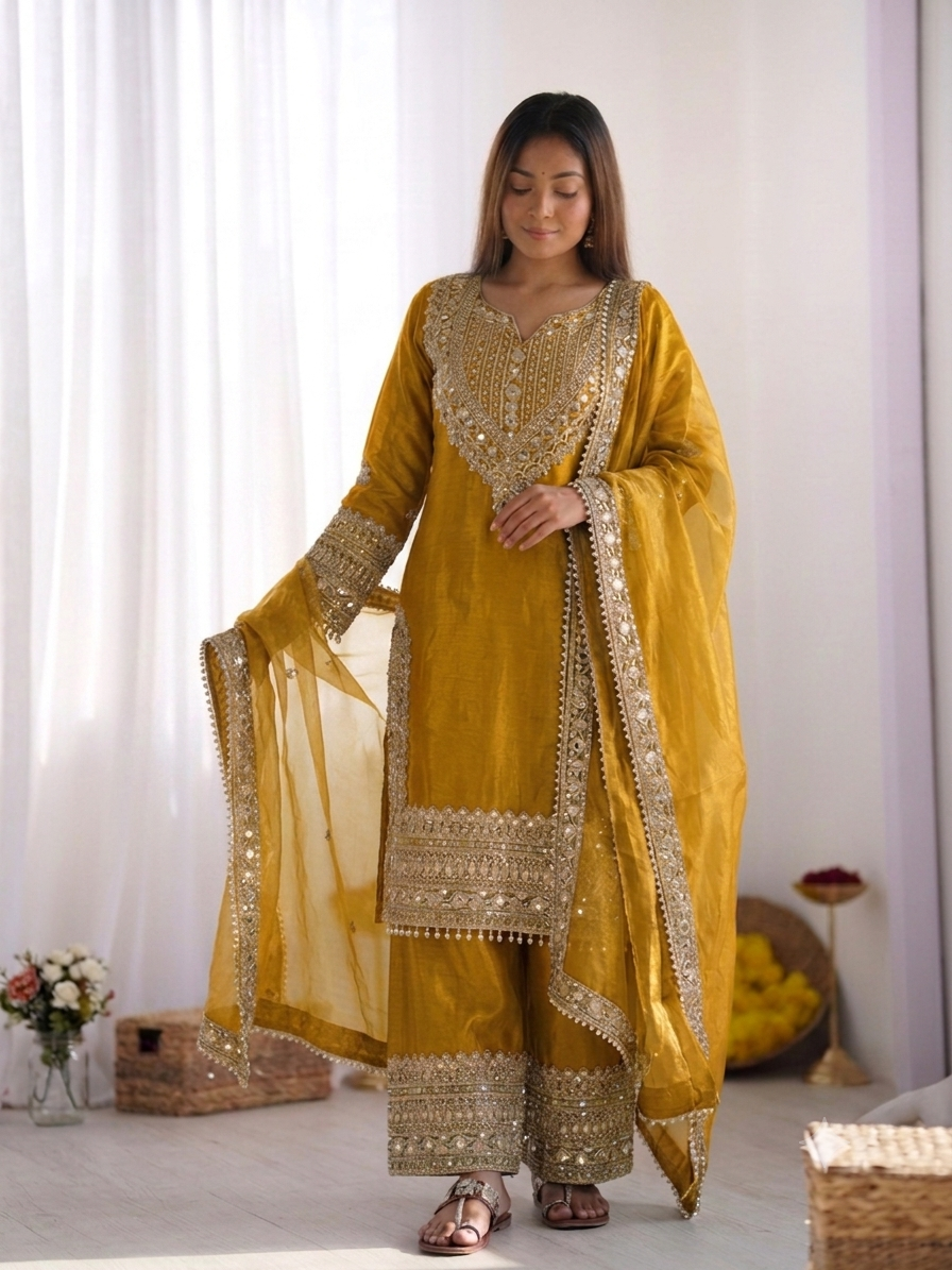 Women's Fendy Silk Embroidered Sharara Suit Set with Lace Border Dupatta