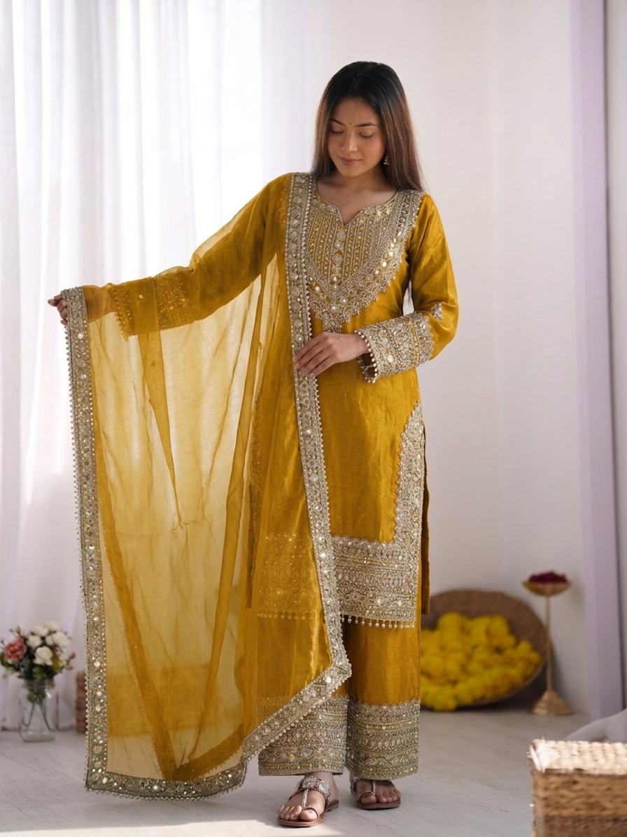 Women's Fendy Silk Embroidered Sharara Suit Set with Lace Border Dupatta