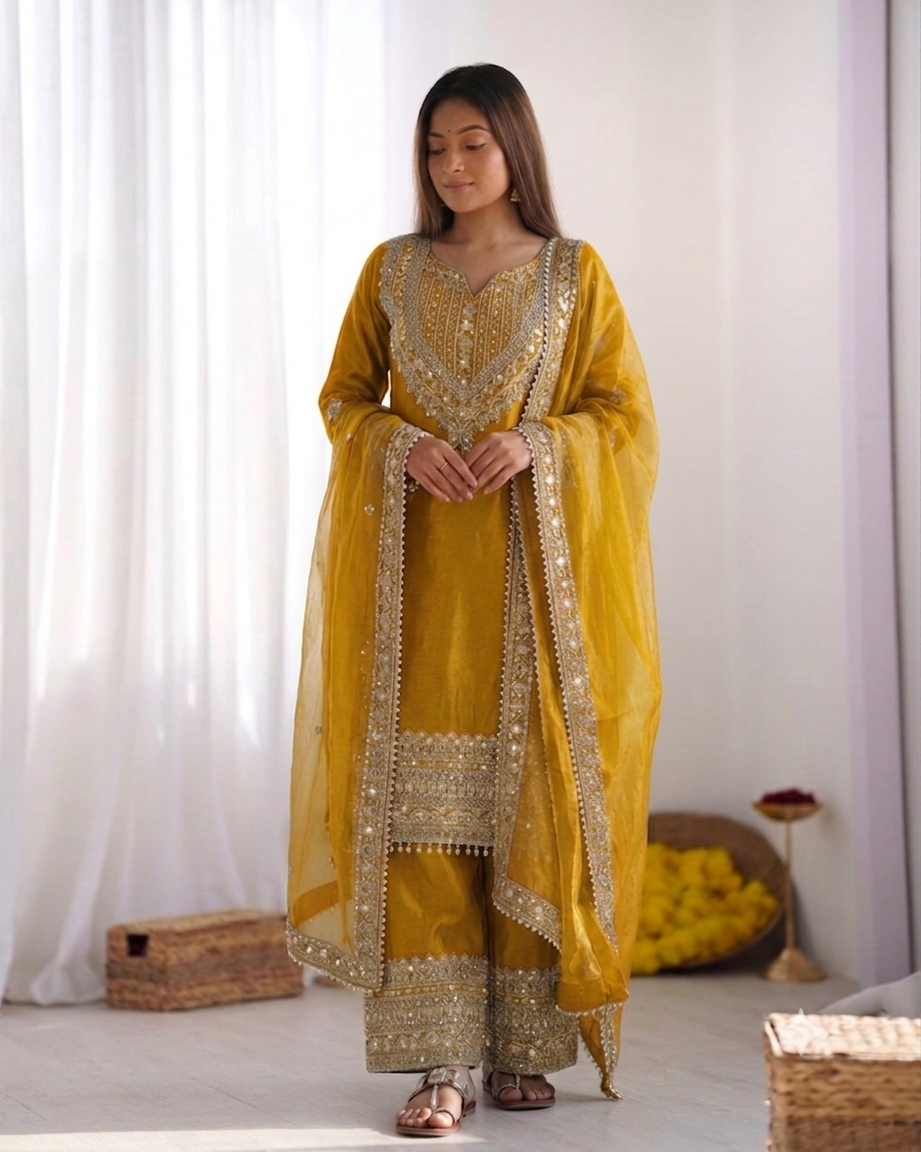 Women's Fendy Silk Embroidered Sharara Suit Set with Lace Border Dupatta