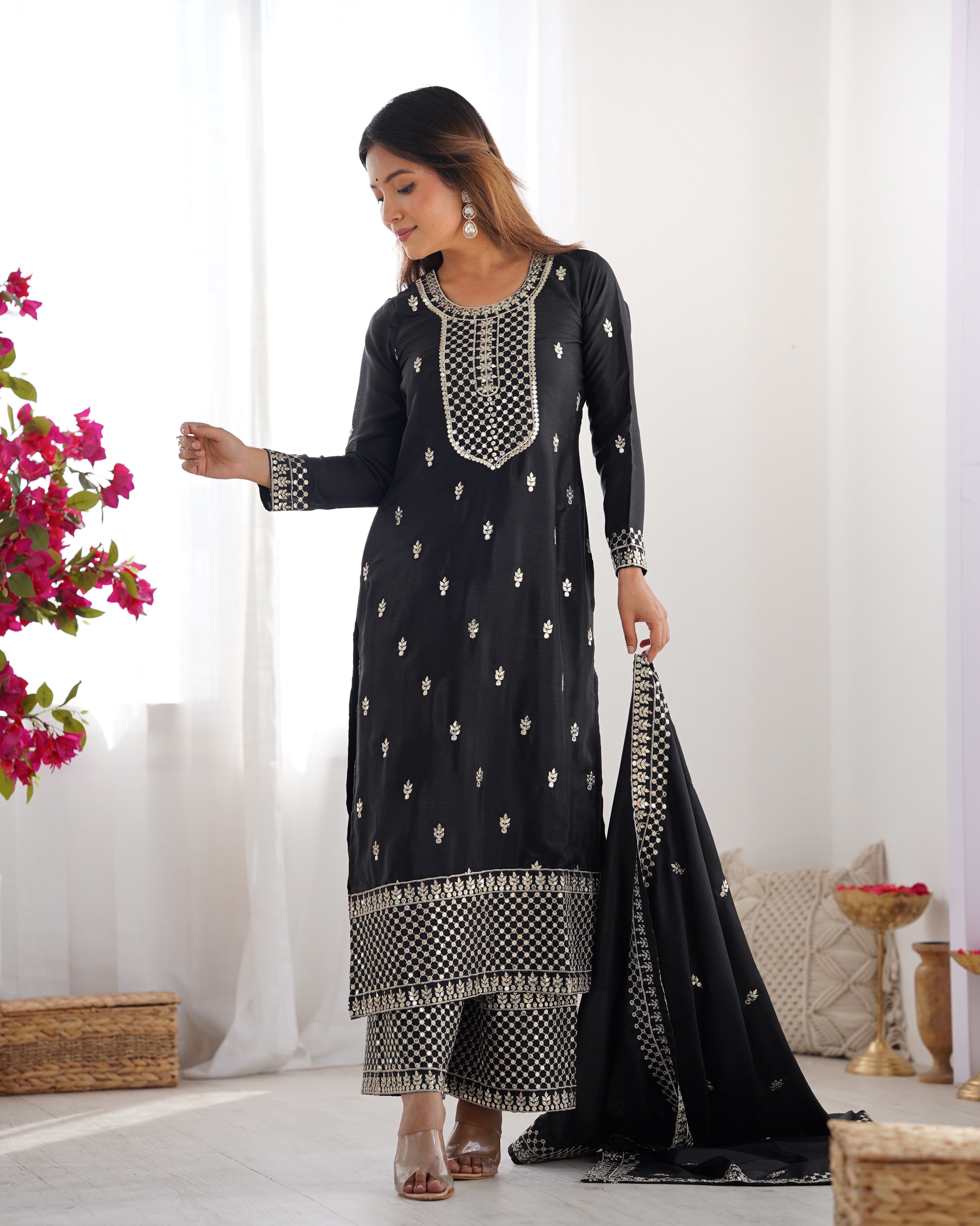 Women's Pure Chinon Silk Straight Kurta Pant Dupatta Set with Embroidery Sequence and Zari Work