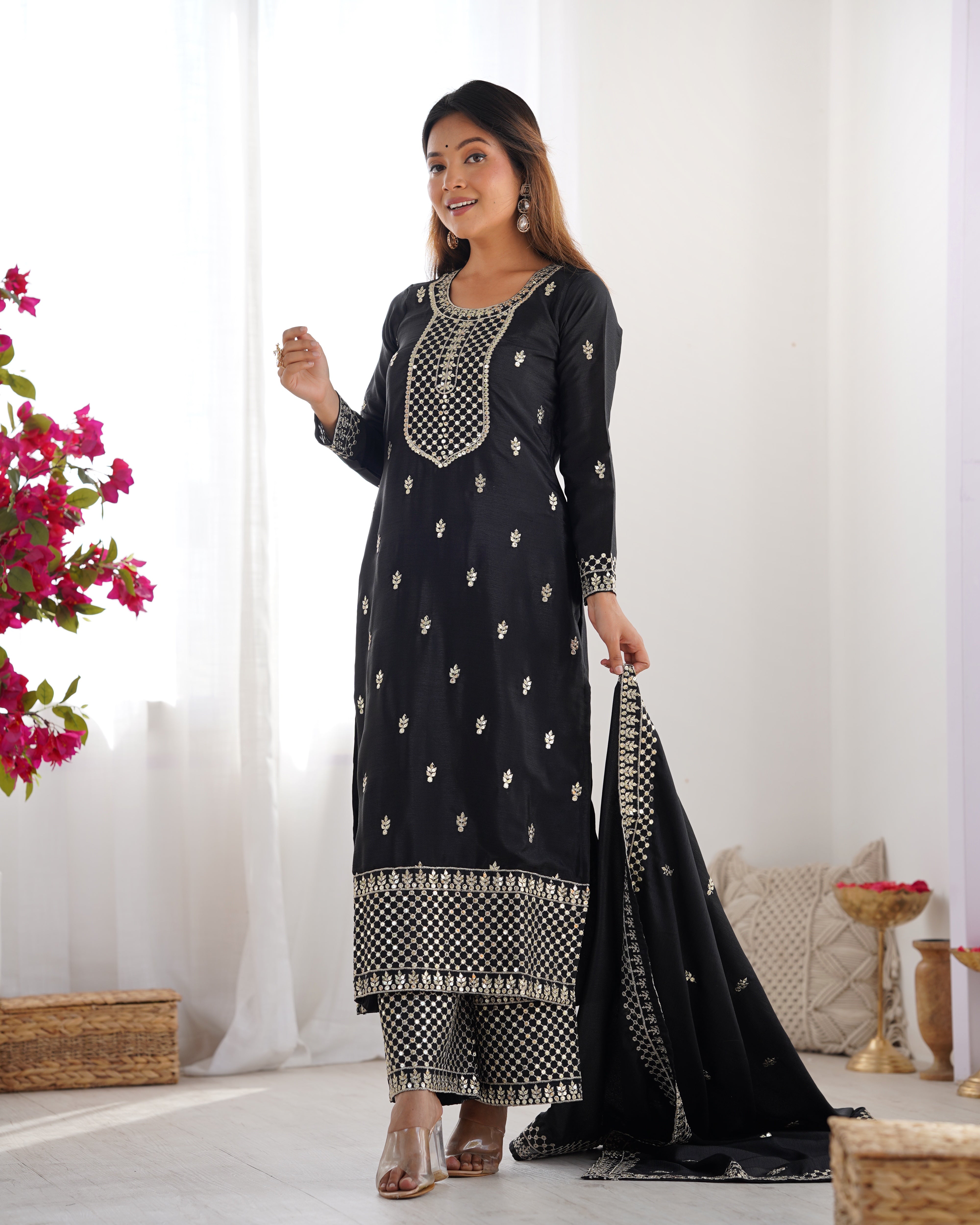 Women's Pure Chinon Silk Straight Kurta Pant Dupatta Set with Embroidery Sequence and Zari Work