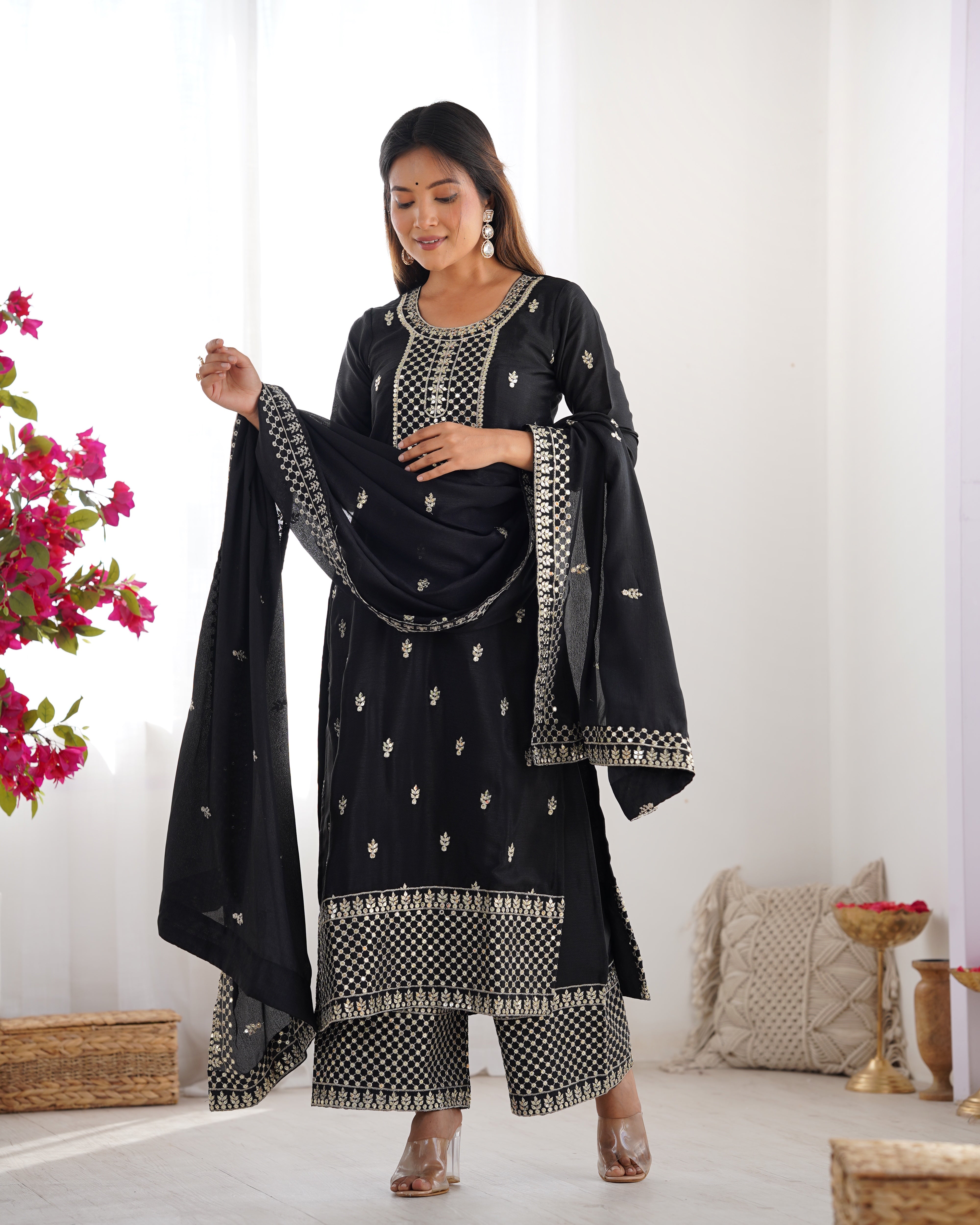 Women's Pure Chinon Silk Straight Kurta Pant Dupatta Set with Embroidery Sequence and Zari Work
