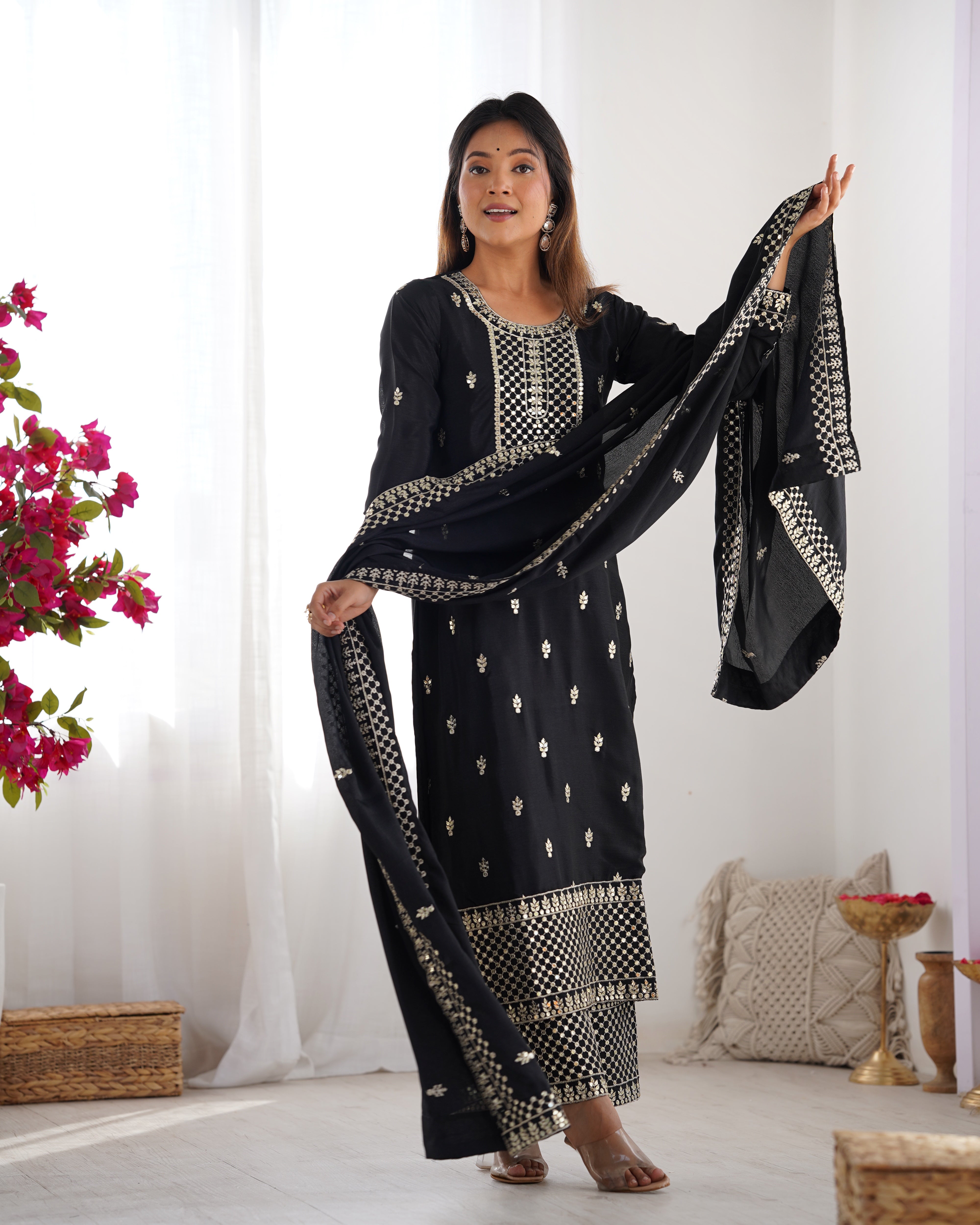 Women's Pure Chinon Silk Straight Kurta Pant Dupatta Set with Embroidery Sequence and Zari Work