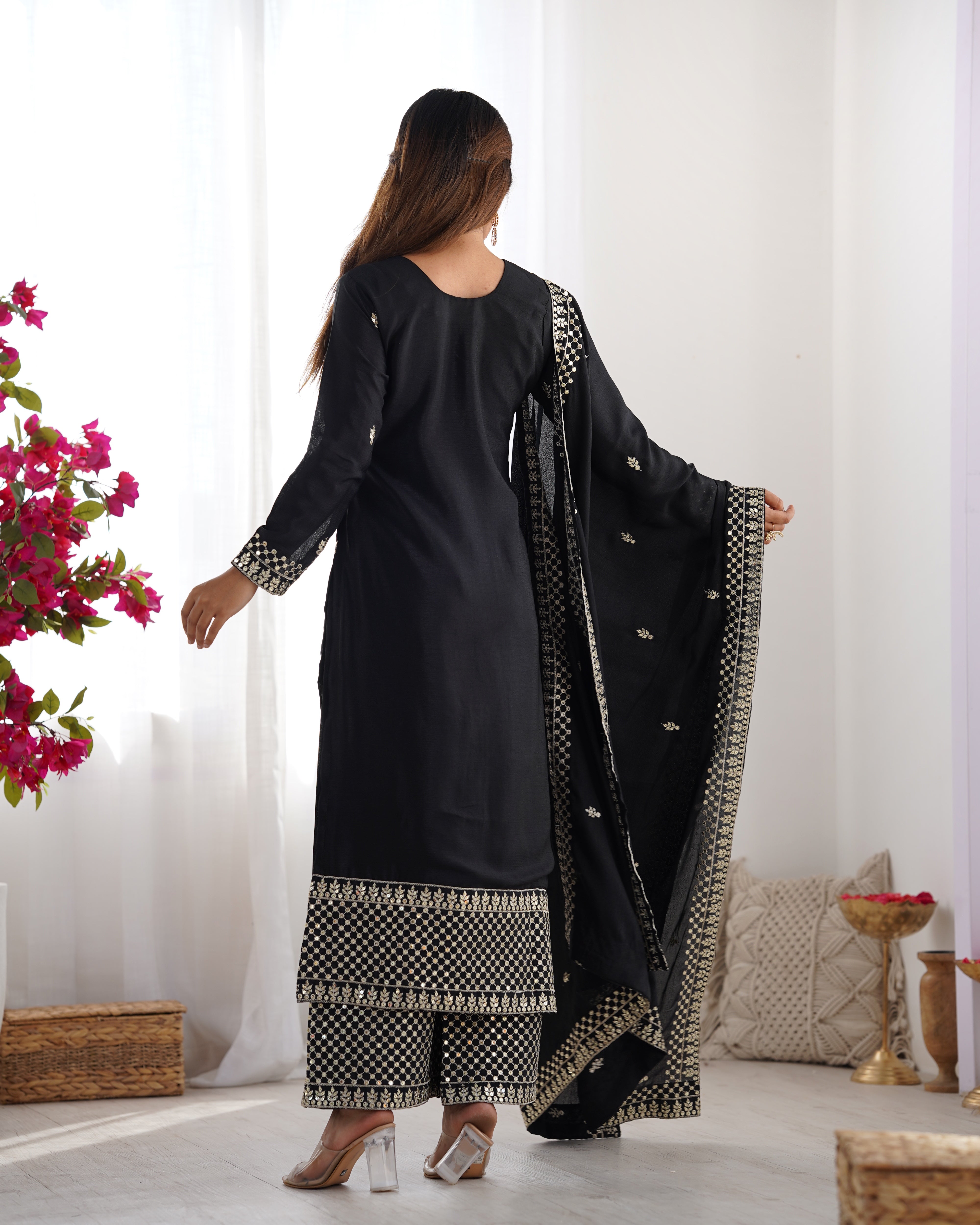 Women's Pure Chinon Silk Straight Kurta Pant Dupatta Set with Embroidery Sequence and Zari Work