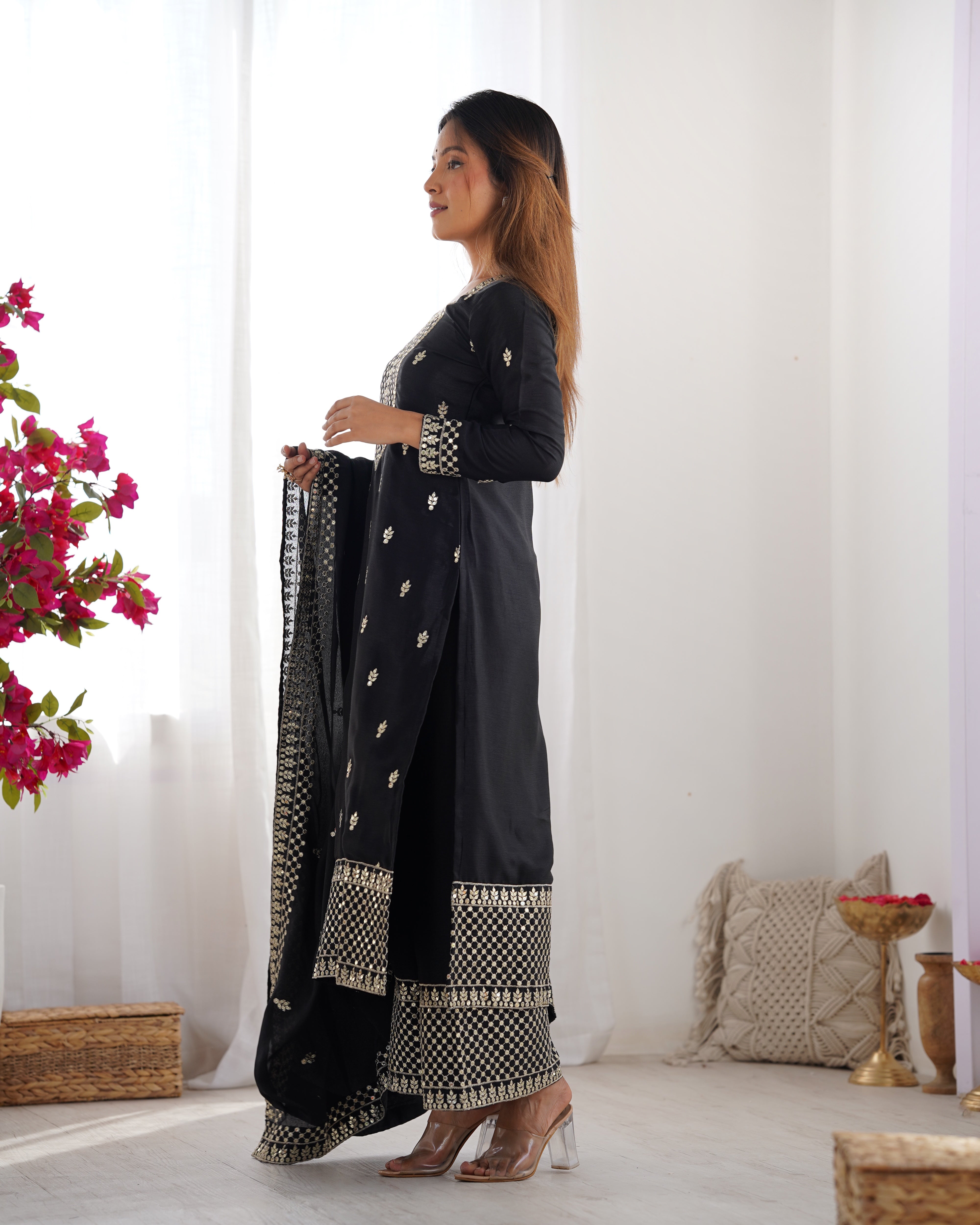 Women's Pure Chinon Silk Straight Kurta Pant Dupatta Set with Embroidery Sequence and Zari Work