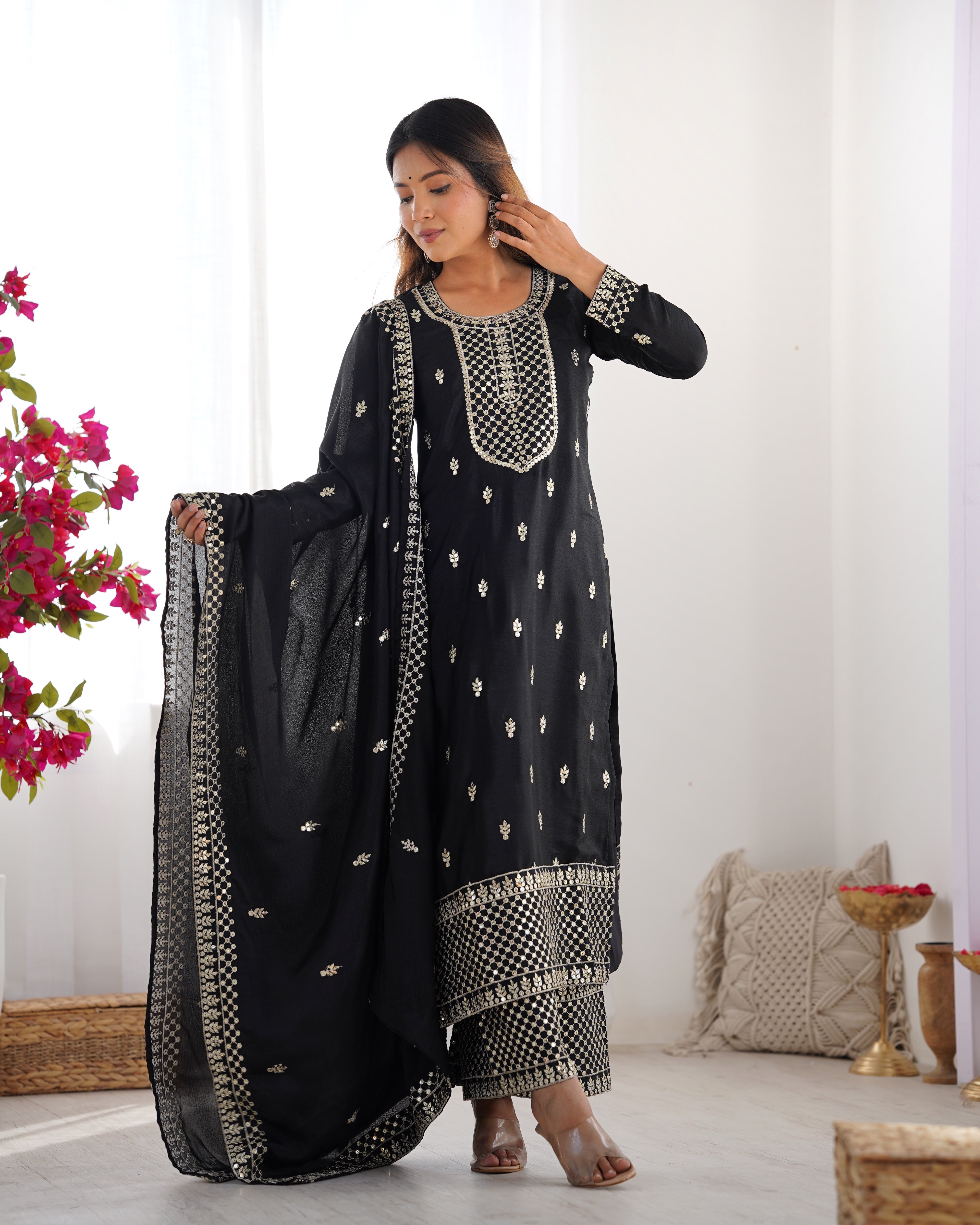 Women's Pure Chinon Silk Straight Kurta Pant Dupatta Set with Embroidery Sequence and Zari Work