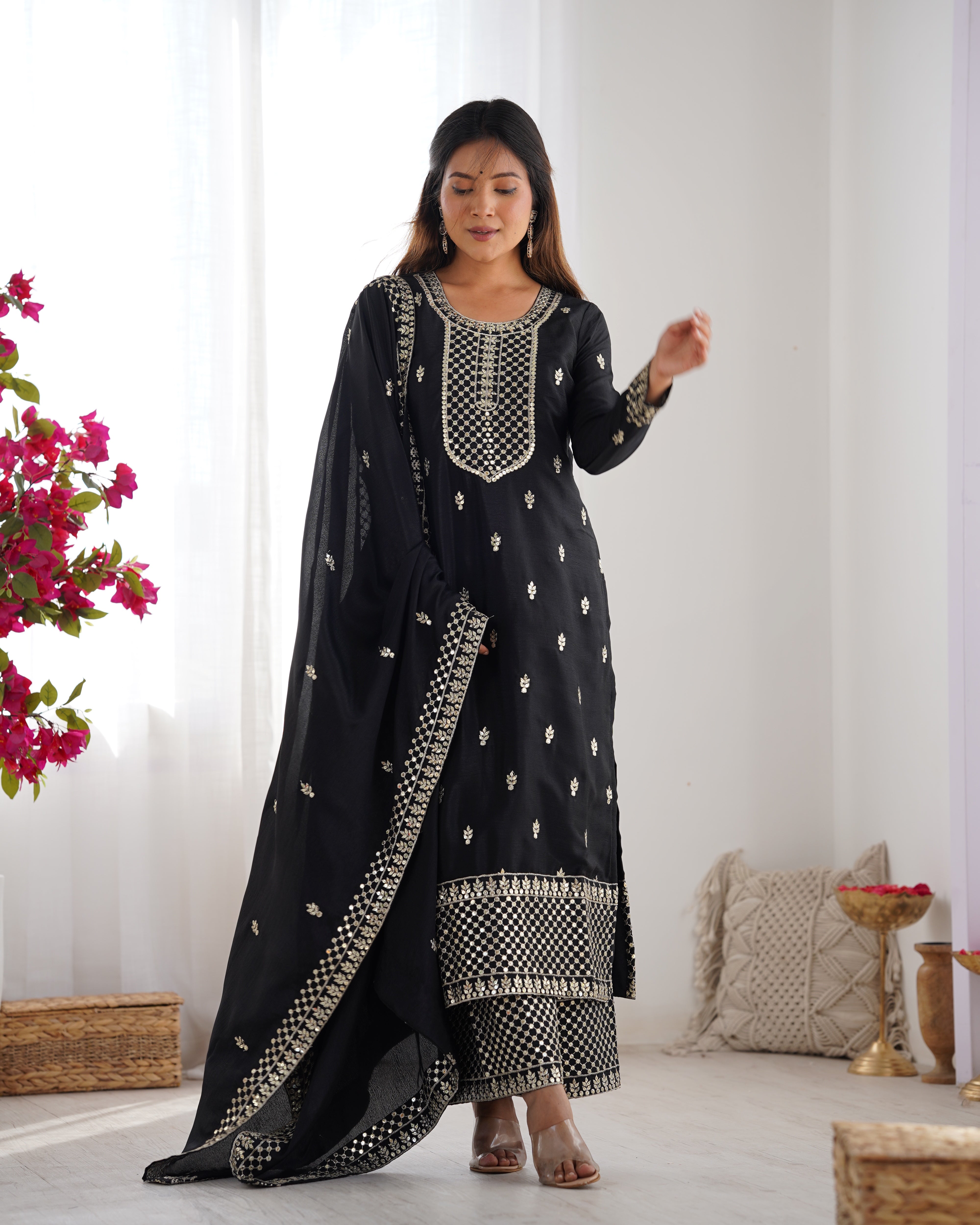Women's Pure Chinon Silk Straight Kurta Pant Dupatta Set with Embroidery Sequence and Zari Work