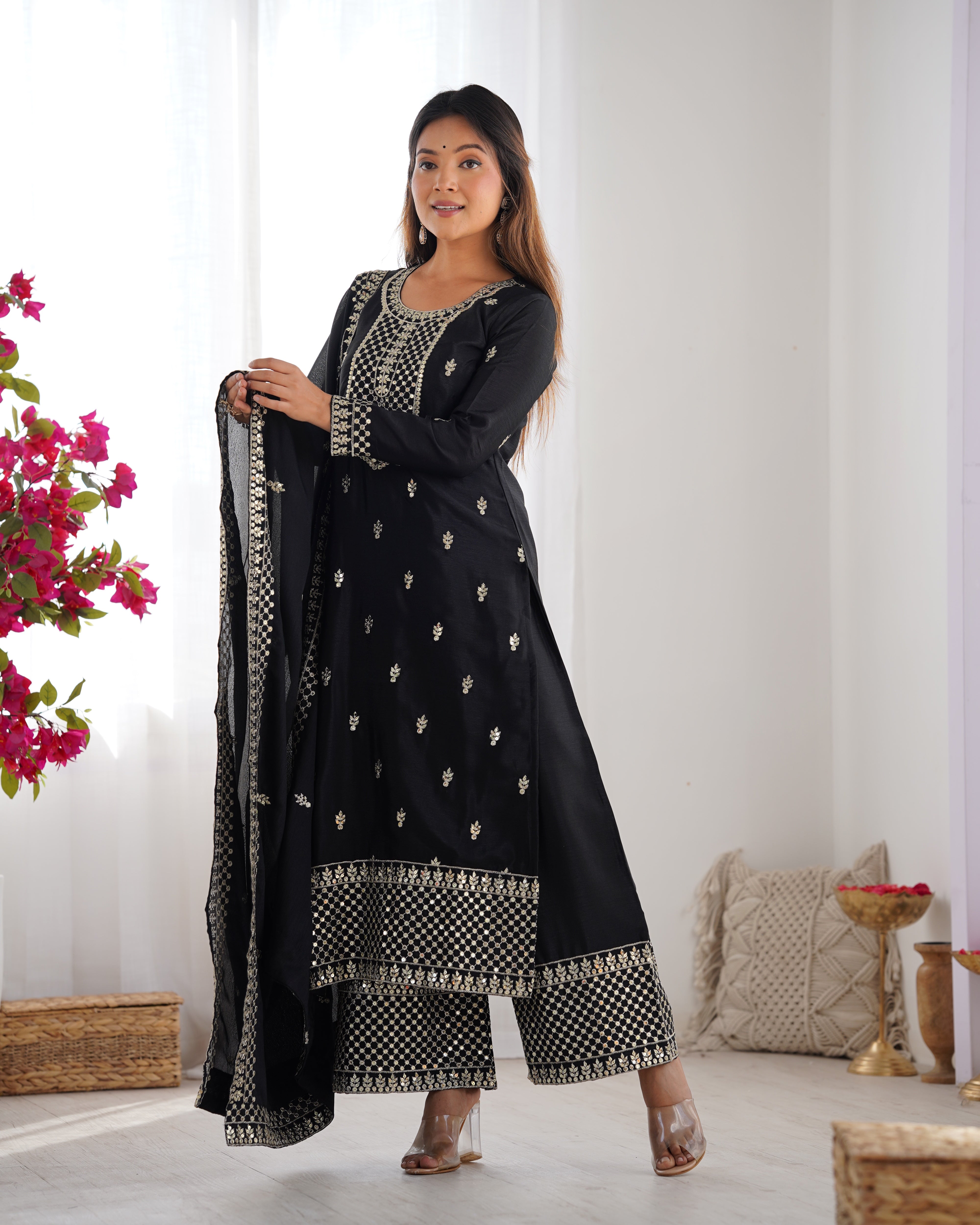 Women's Pure Chinon Silk Straight Kurta Pant Dupatta Set with Embroidery Sequence and Zari Work