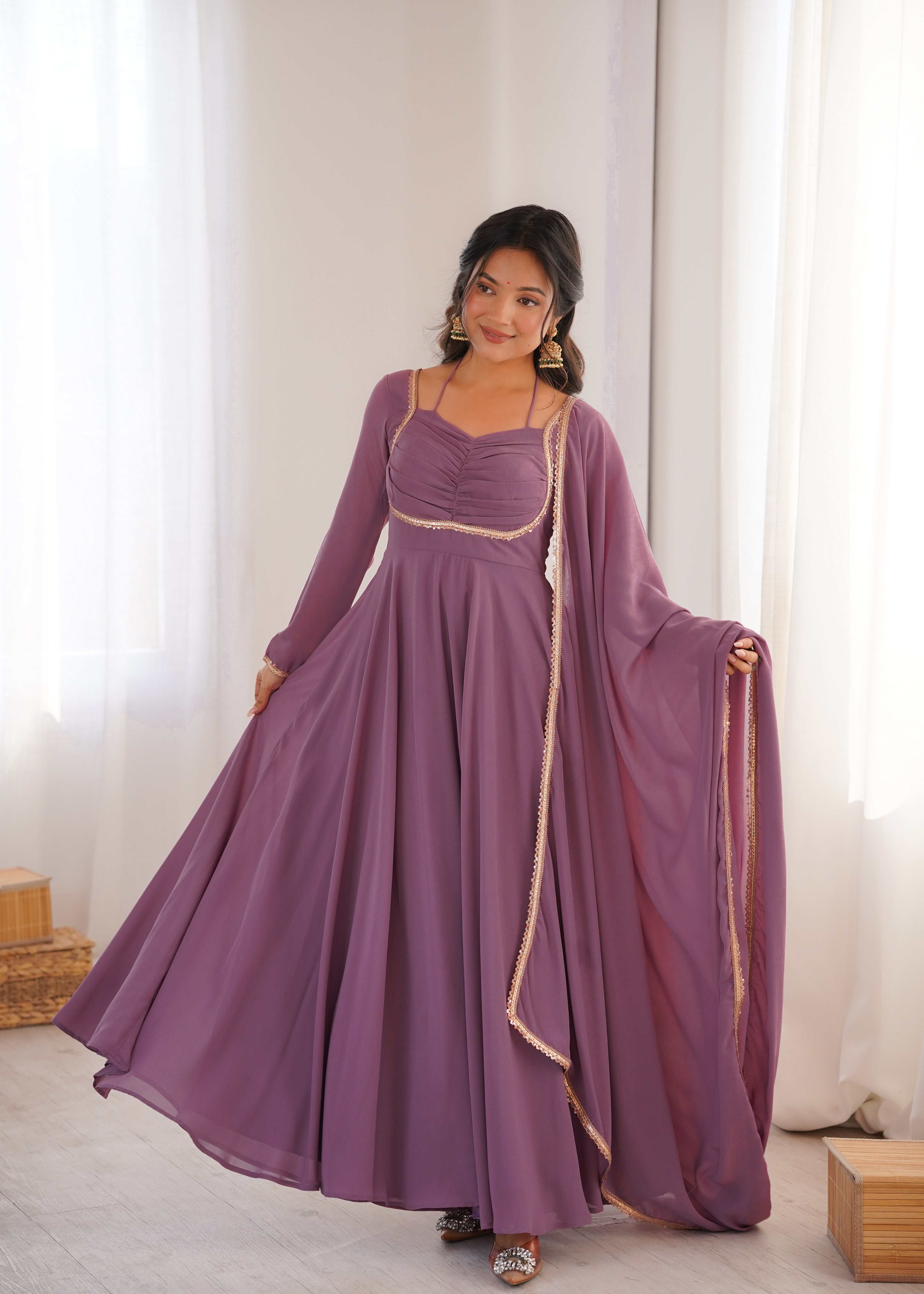 Women's Pure Fox Blooming Georgette Anarkali Gown with Dupatta Set