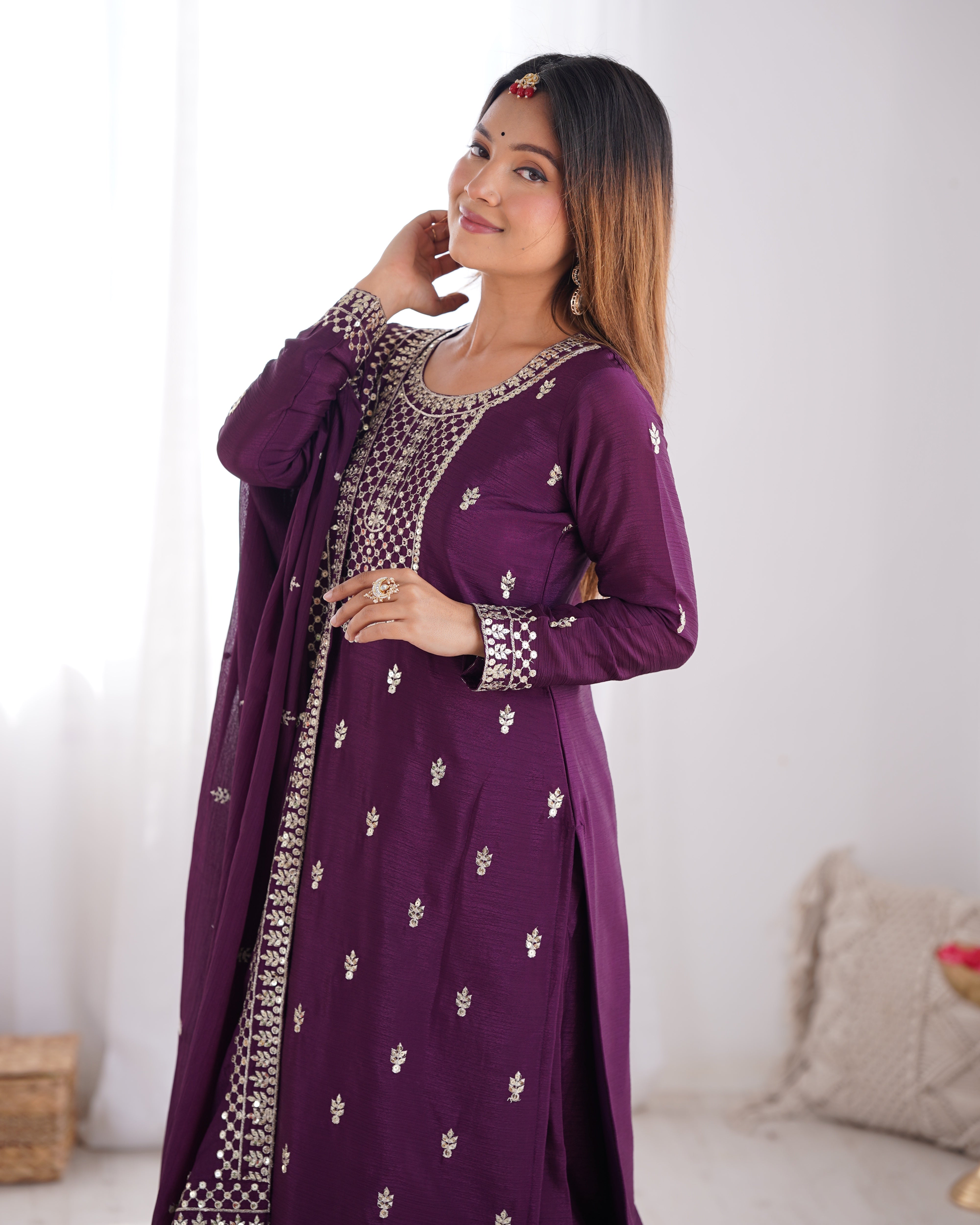 Women's Pure Chinon Silk Straight Kurta Pant Dupatta Set with Embroidery Sequence and Zari Work