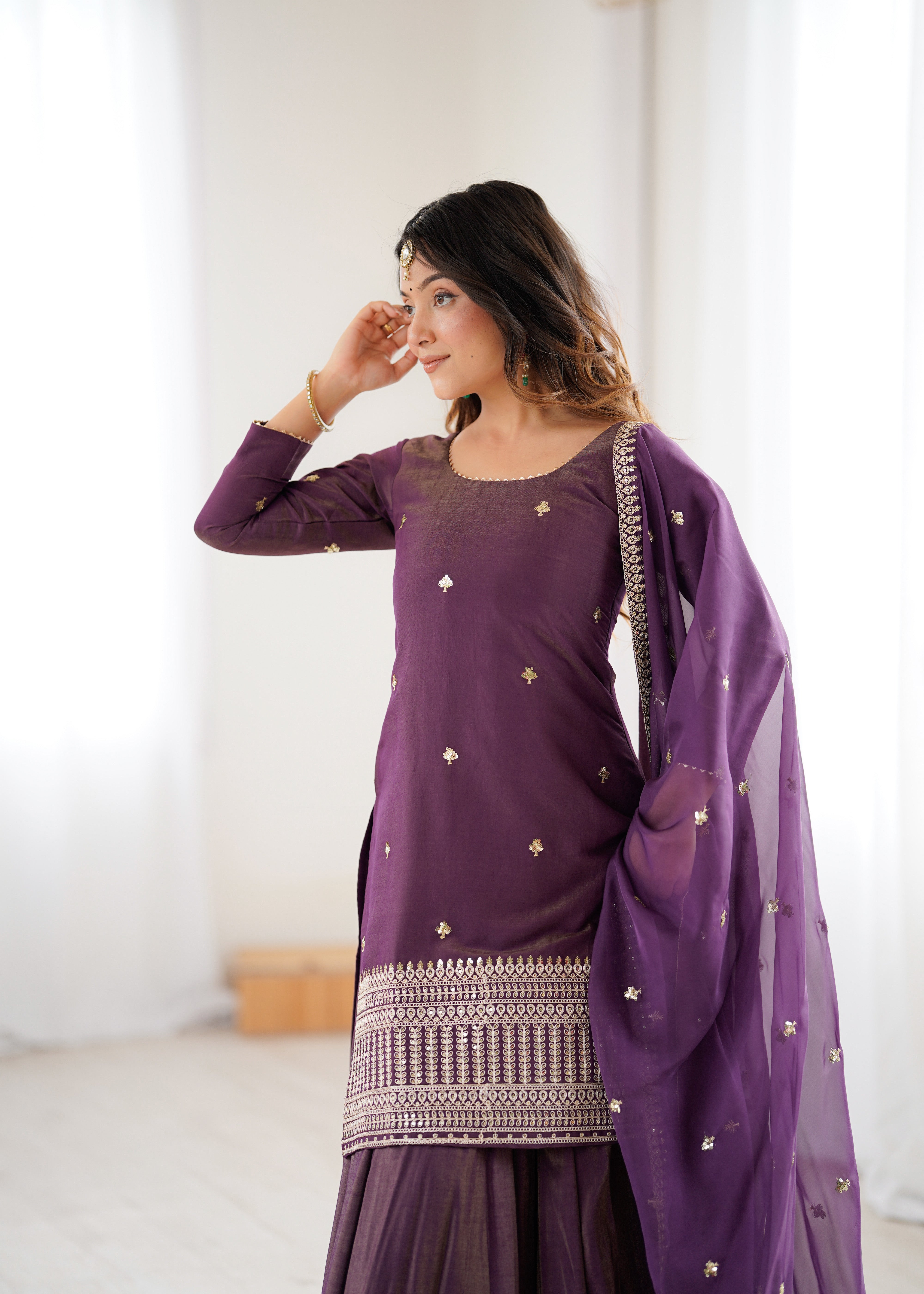 Roman Shimmer Chanderi Silk Kurta with Flared Lehenga and Organza Dupatta Set