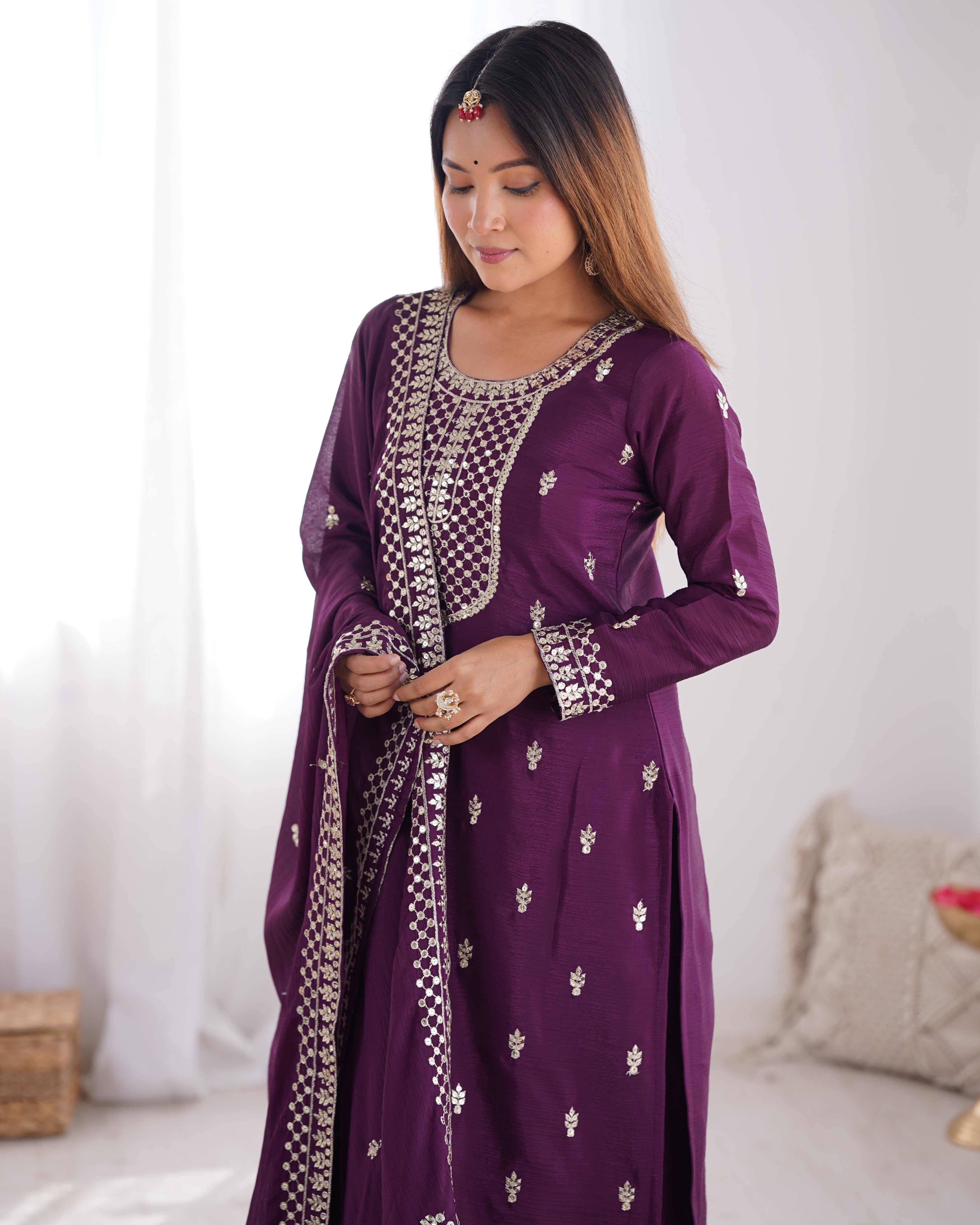 Women's Pure Chinon Silk Straight Kurta Pant Dupatta Set with Embroidery Sequence and Zari Work