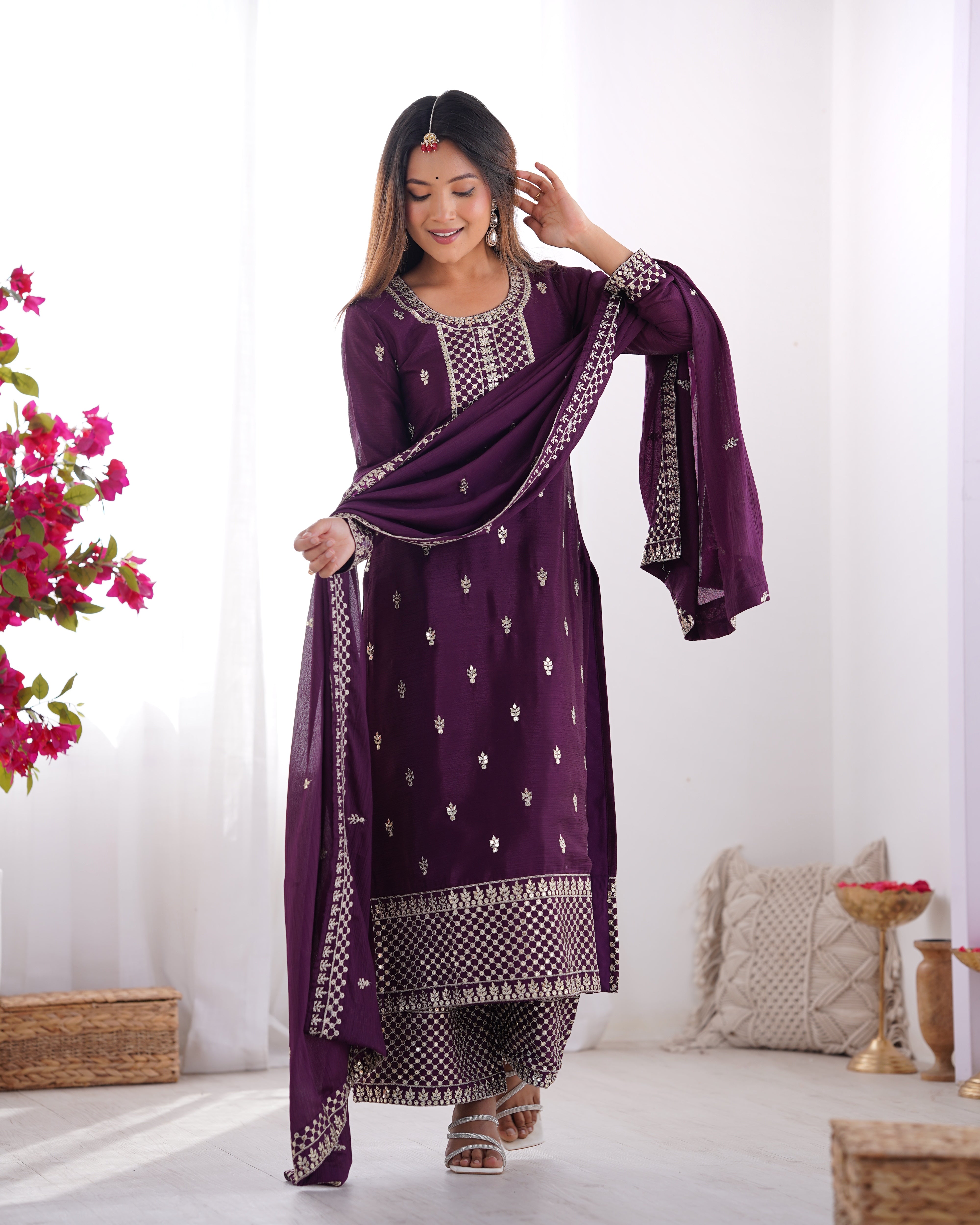 Women's Pure Chinon Silk Straight Kurta Pant Dupatta Set with Embroidery Sequence and Zari Work