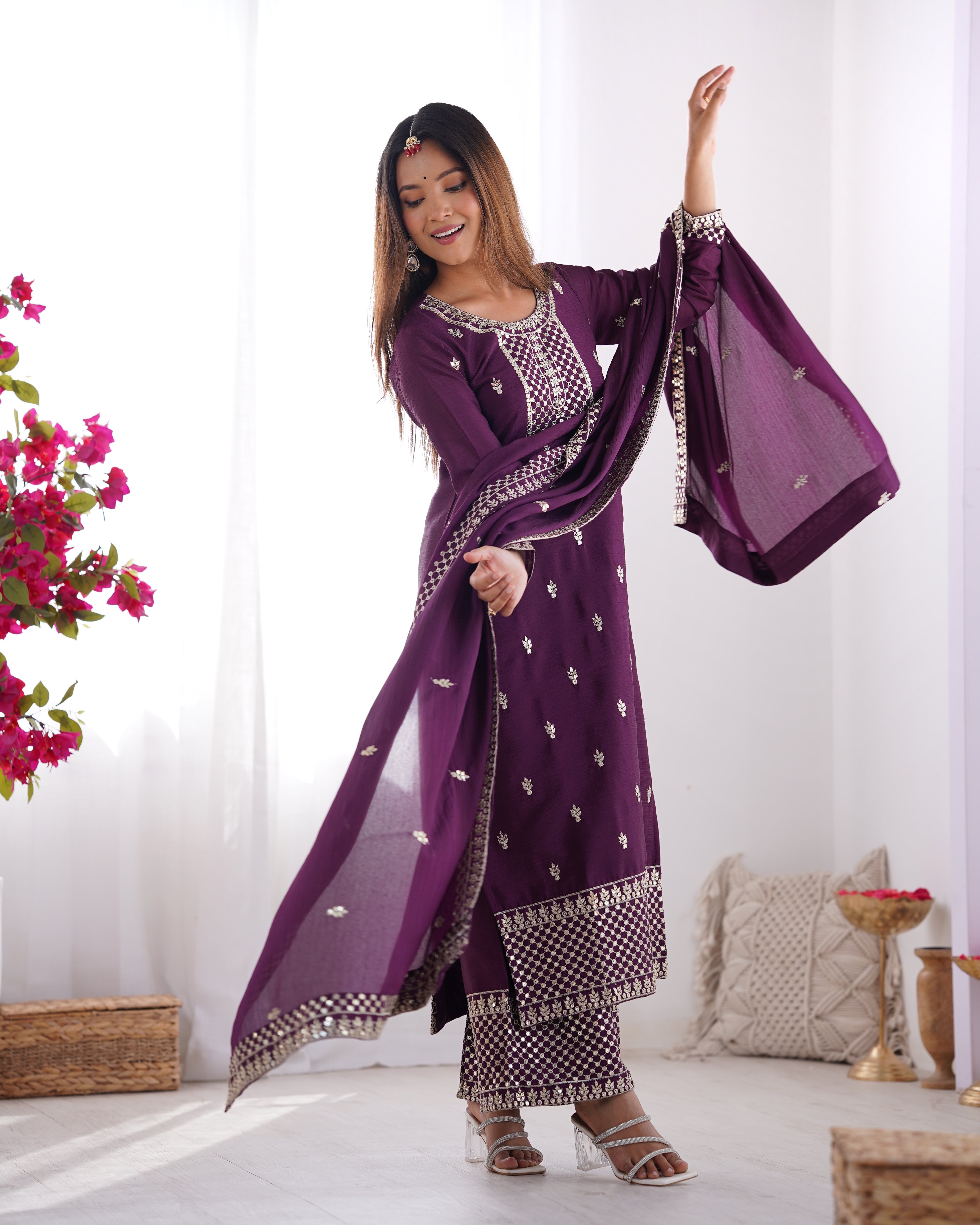 Women's Pure Chinon Silk Straight Kurta Pant Dupatta Set with Embroidery Sequence and Zari Work