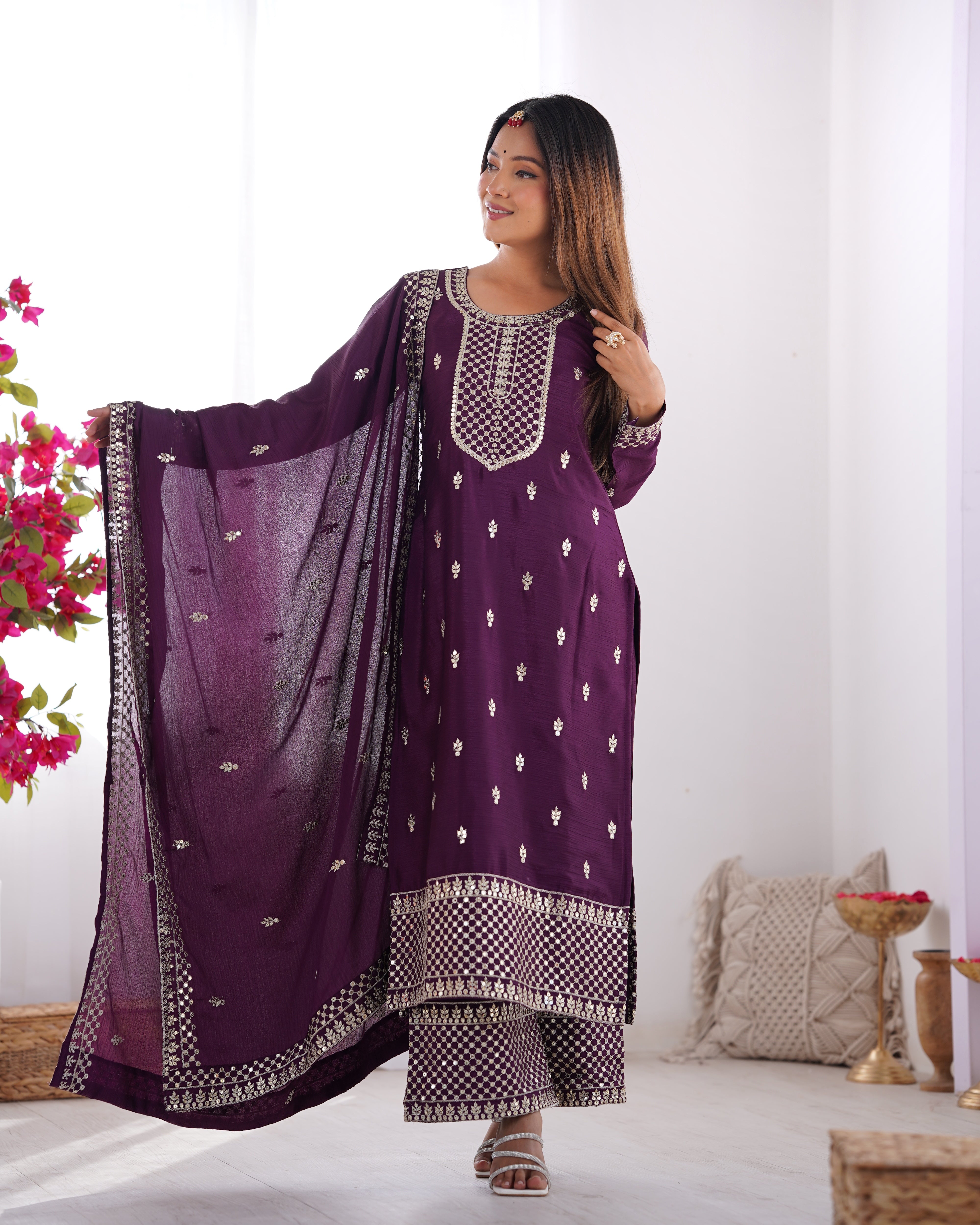 Women's Pure Chinon Silk Straight Kurta Pant Dupatta Set with Embroidery Sequence and Zari Work