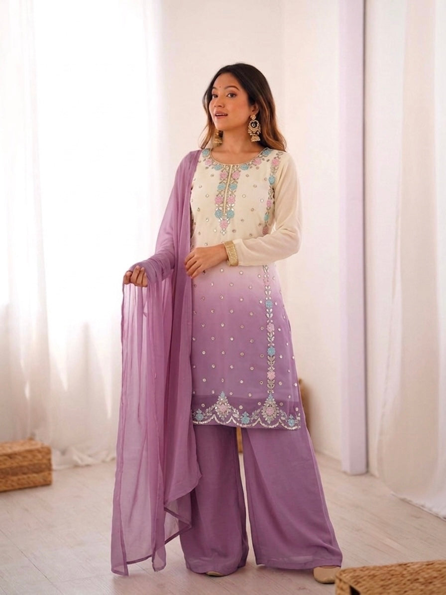 Women's Heavy Faux Georgette Embroidered Palazzo Suit Set with Dupatta