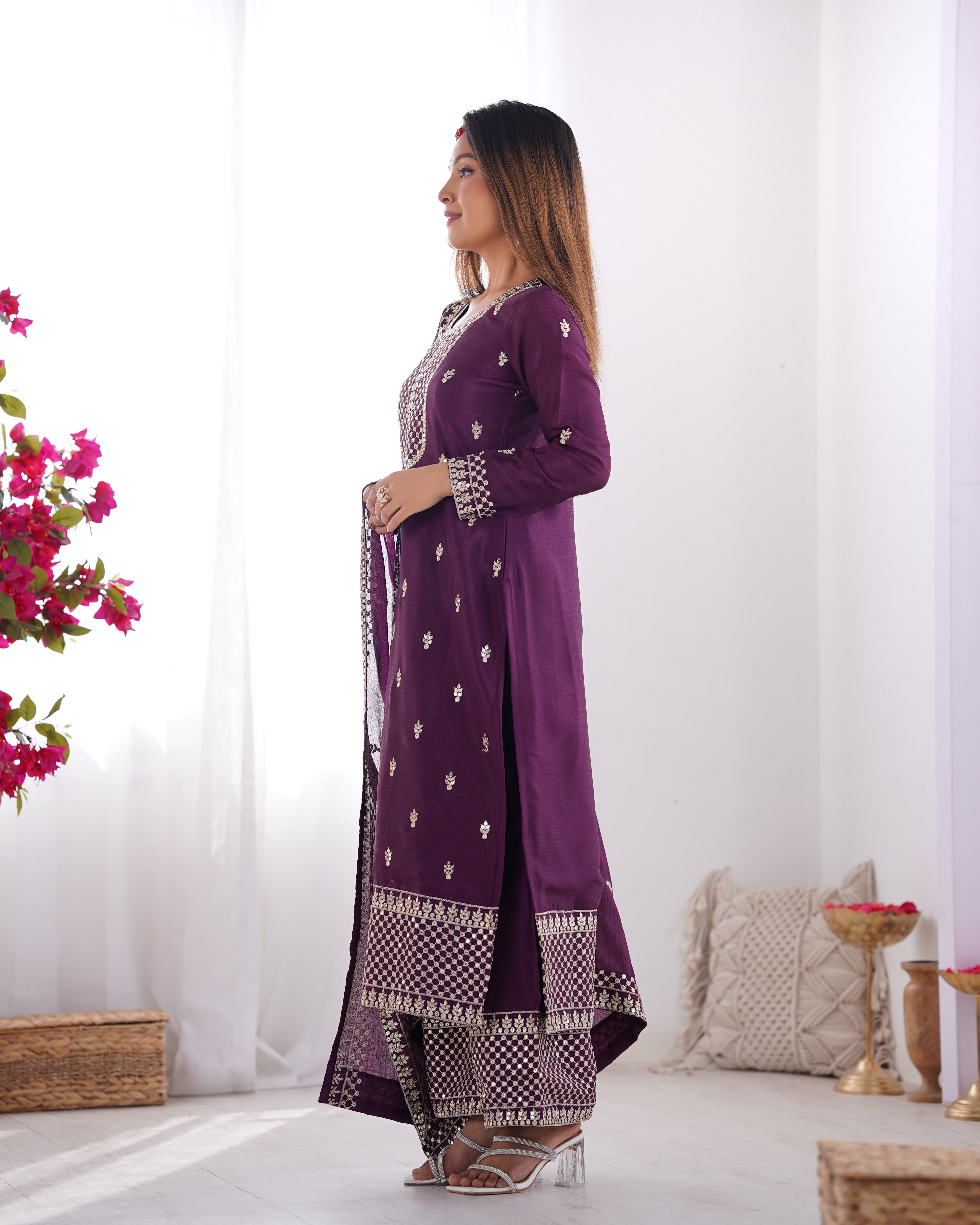 Women's Pure Chinon Silk Straight Kurta Pant Dupatta Set with Embroidery Sequence and Zari Work