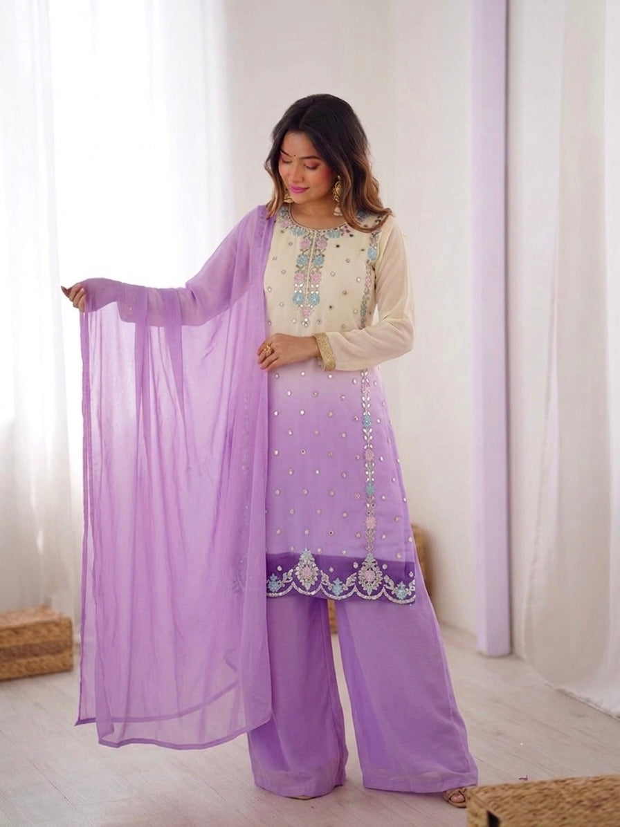 Women's Heavy Faux Georgette Embroidered Palazzo Suit Set with Dupatta