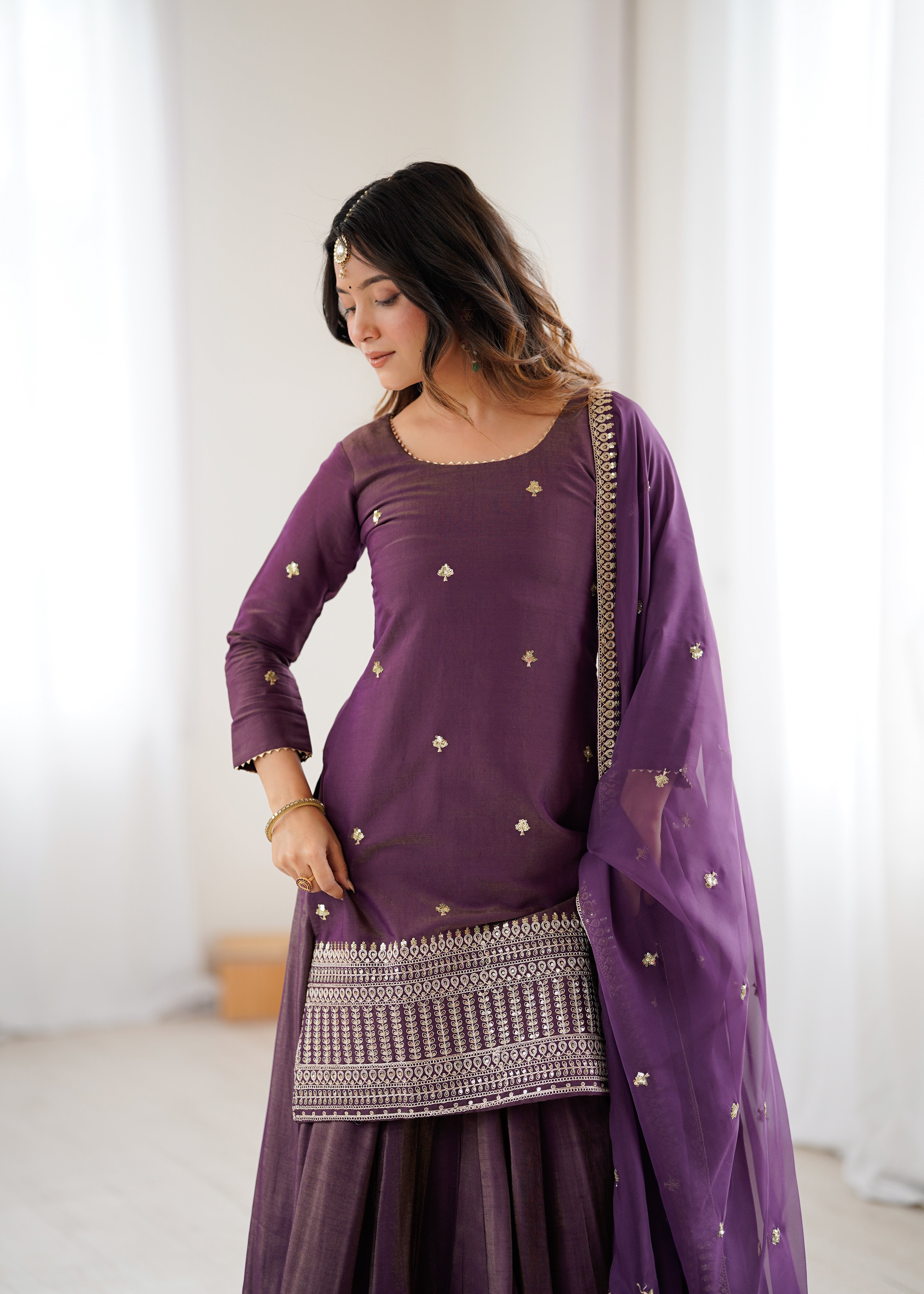 Roman Shimmer Chanderi Silk Kurta with Flared Lehenga and Organza Dupatta Set