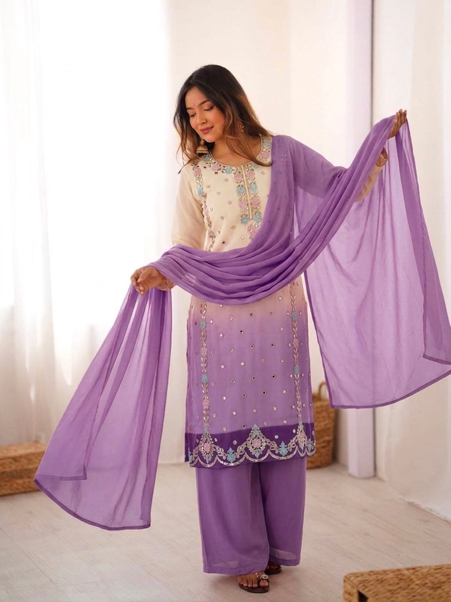 Women's Heavy Faux Georgette Embroidered Palazzo Suit Set with Dupatta