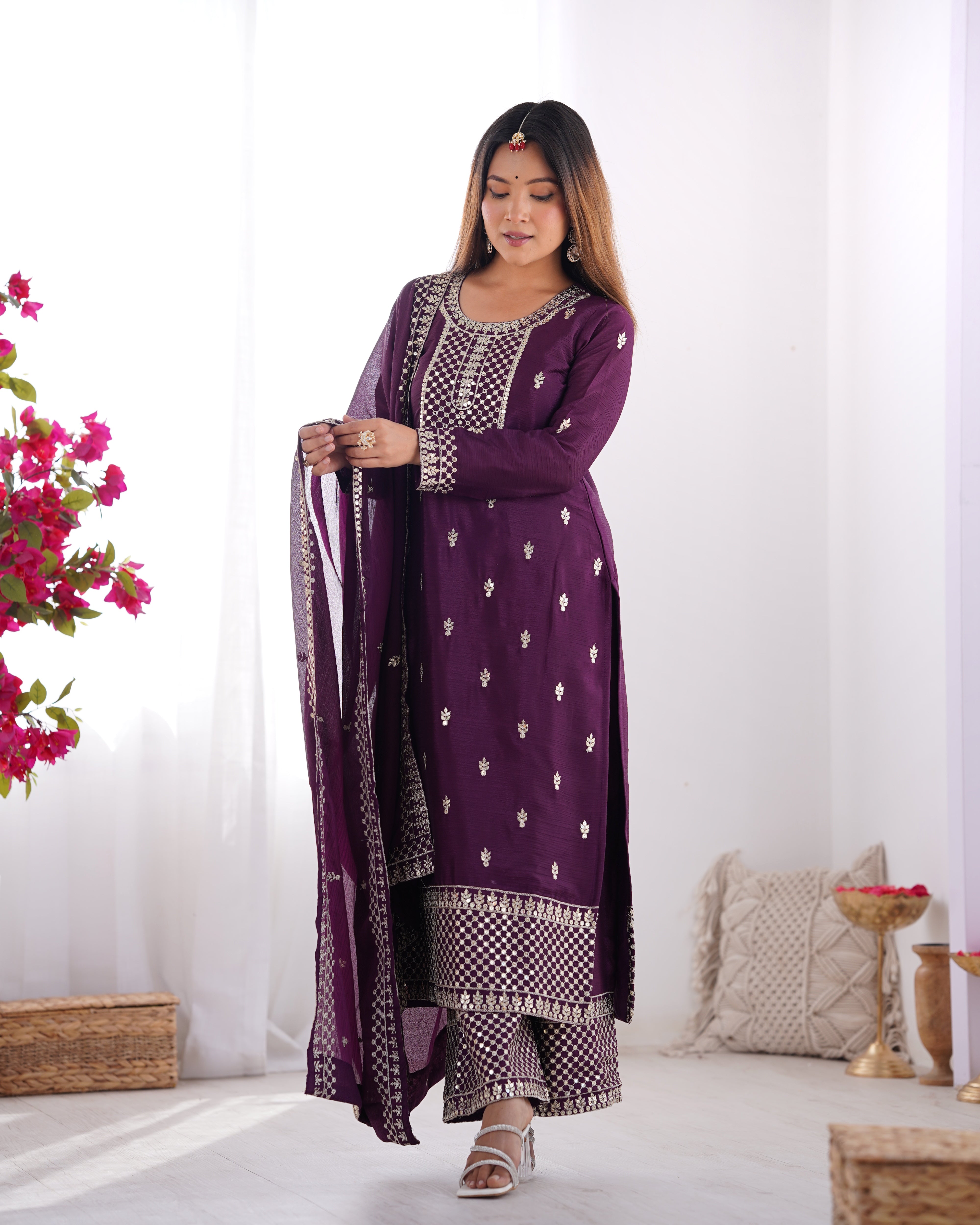 Women's Pure Chinon Silk Straight Kurta Pant Dupatta Set with Embroidery Sequence and Zari Work