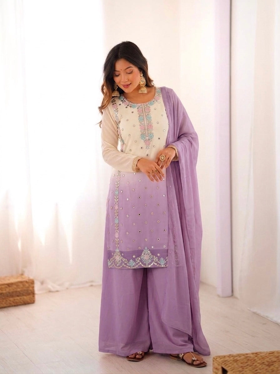 Women's Heavy Faux Georgette Embroidered Palazzo Suit Set with Dupatta