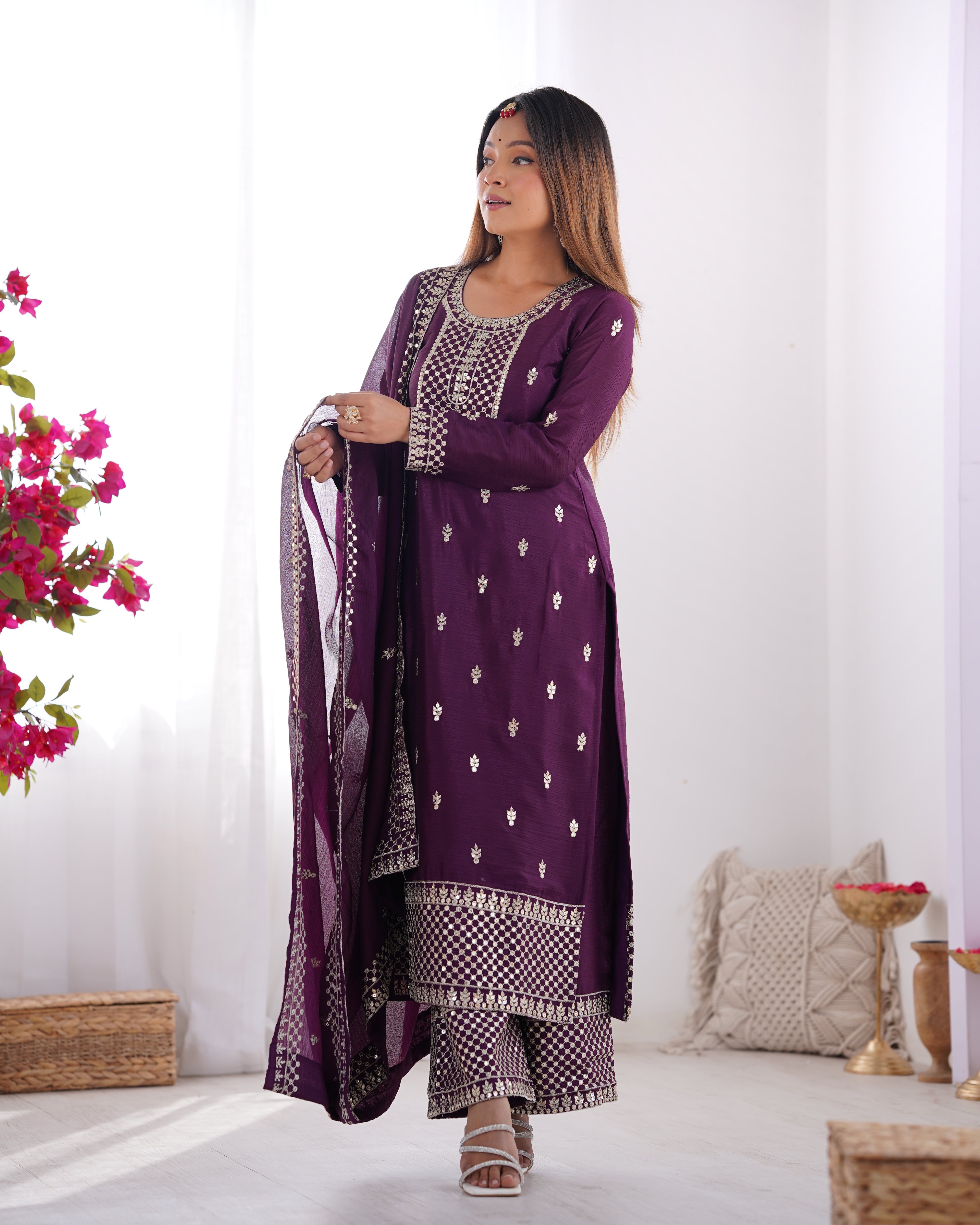 Women's Pure Chinon Silk Straight Kurta Pant Dupatta Set with Embroidery Sequence and Zari Work