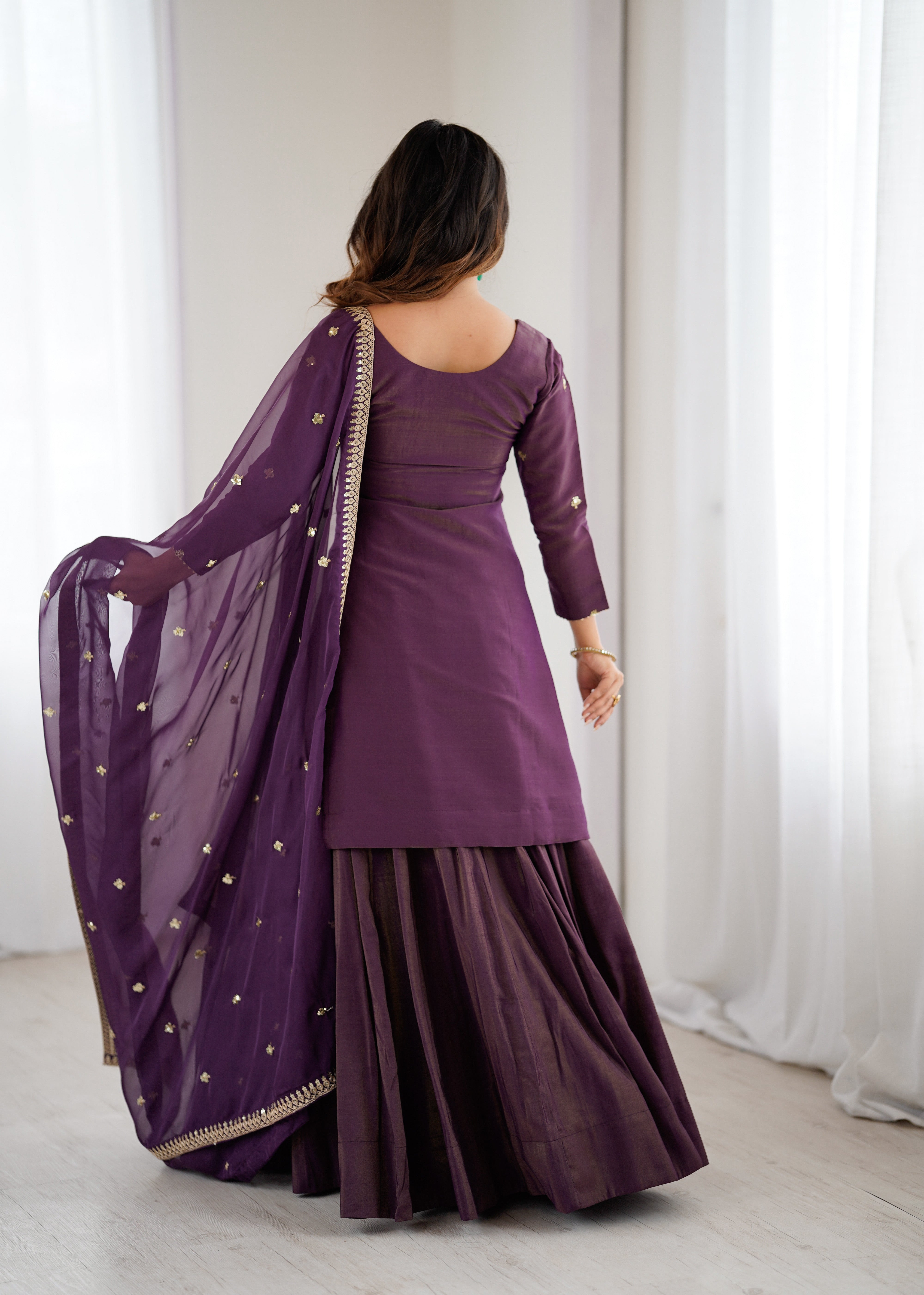 Roman Shimmer Chanderi Silk Kurta with Flared Lehenga and Organza Dupatta Set