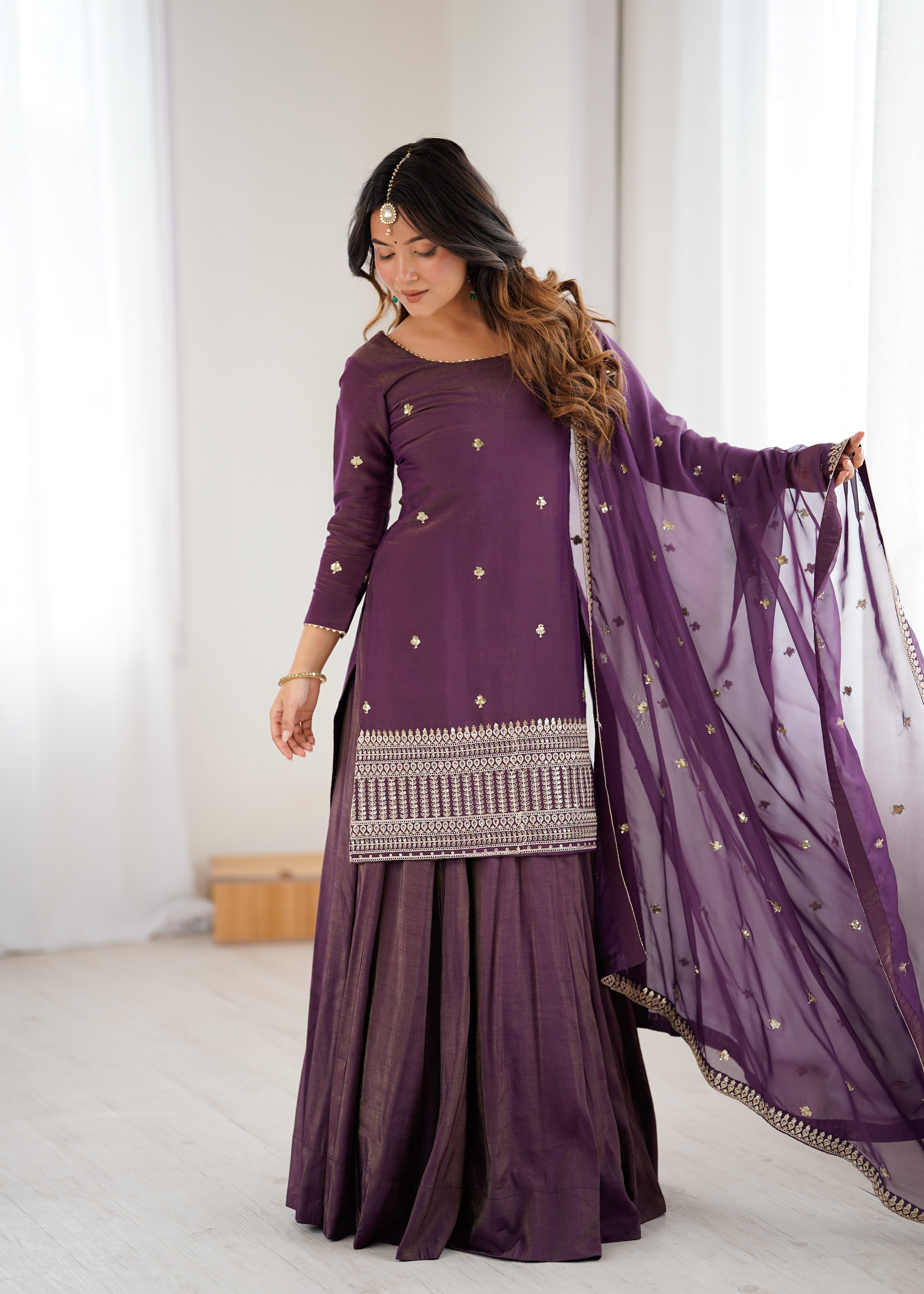 Roman Shimmer Chanderi Silk Kurta with Flared Lehenga and Organza Dupatta Set