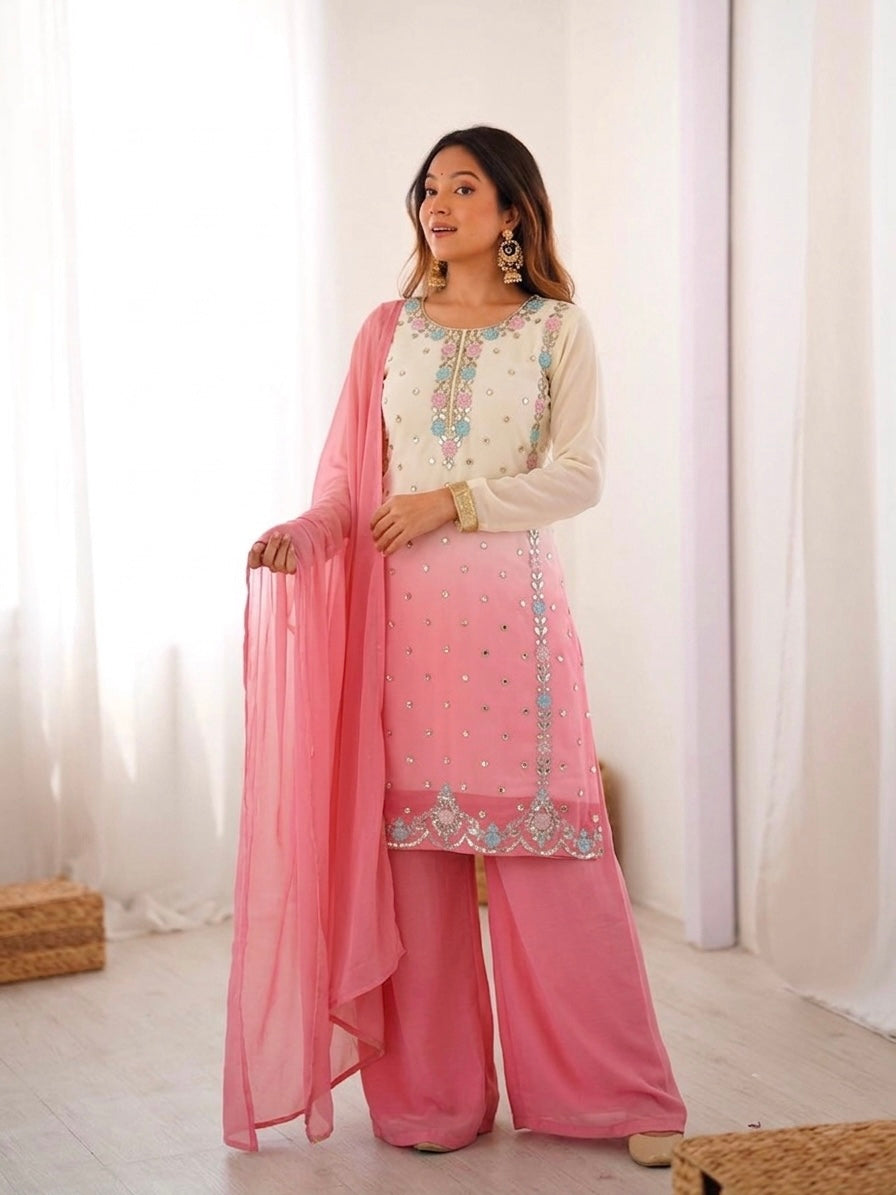 Women's Heavy Faux Georgette Embroidered Palazzo Suit Set with Dupatta