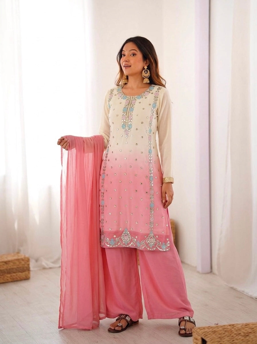 Women's Heavy Faux Georgette Embroidered Palazzo Suit Set with Dupatta